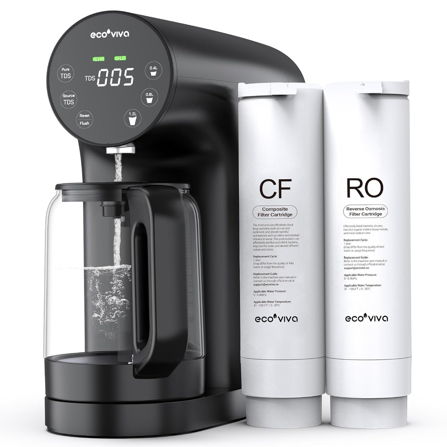 Ecoviva Countertop Reverse Osmosis System RO Water Filter, 5-Stage Filtration, Real-time TDS Monitor, 3:1 Pure to Drain, No Installation Portable Water Purifier-Black