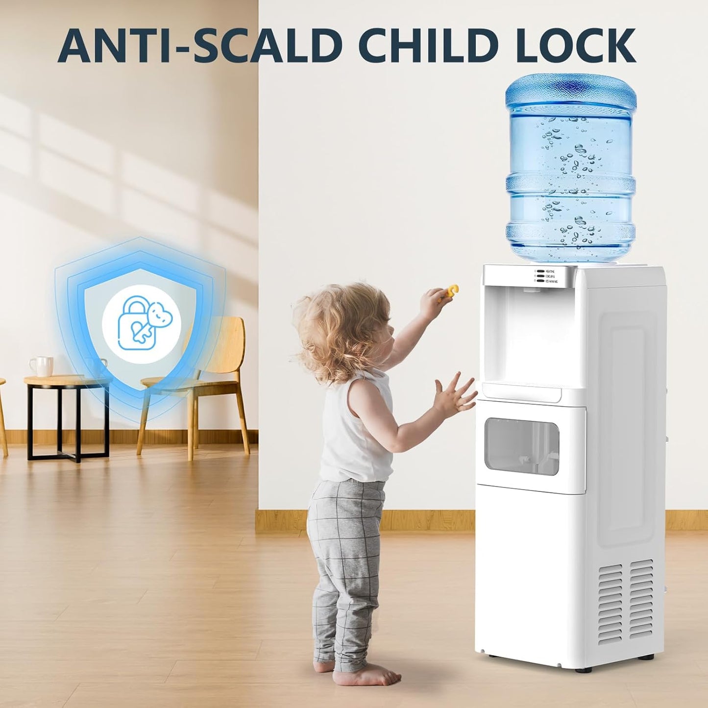 COWSAR 3-in-1 Water Cooler with Ice Maker, Hot & Cold Top Loading, Water Dispenser for 5 Gallon Bottle, 33LBS/24H Ice Maker with Child Safety Lock, White