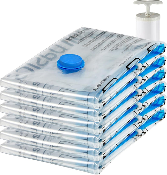 Amazon Basics Vacuum Compression Space Saving Storage Bags with Hand Pump for Clothes Packing, Jumbo, Clear, Pack of 6