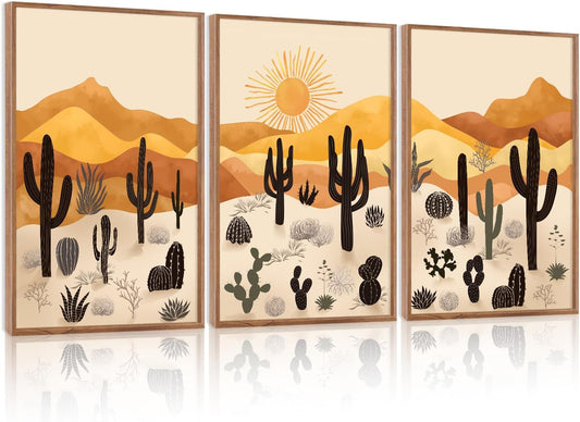 KAIRNE Cactus Canvas Wall Art,Desert Landscape Paintings,Aesthetic Abstract Prints Set of 3(16”X24”),Minimalist Farmhouse Wall Decor,Abstract Boho Artwork for Living Room Bedroom Office Decoration