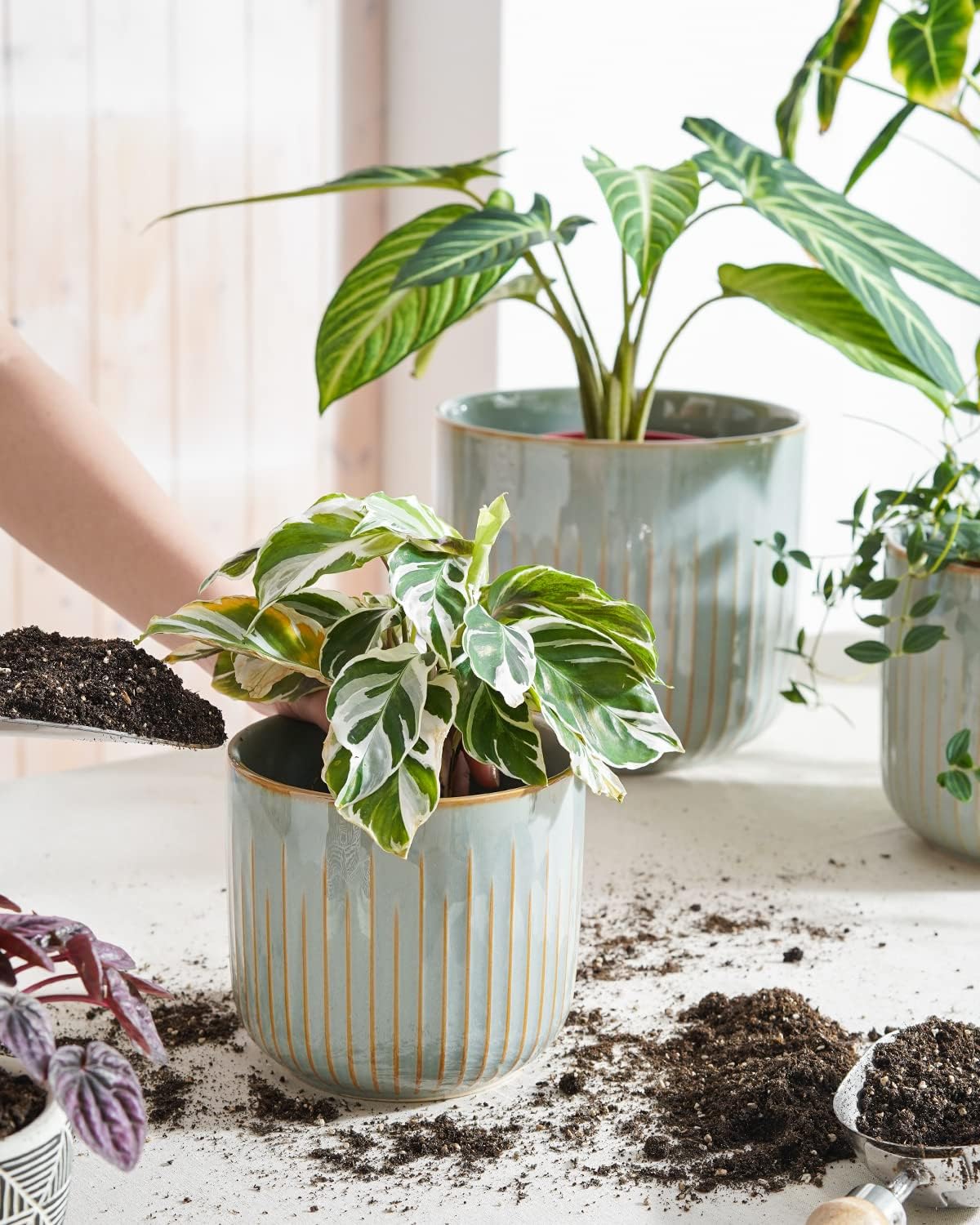 LE TAUCI Fluted Ceramic Planters Set of 3 – 8.3/7 / 5.7 in Blue Gray Reactive Cylinder Indoor Plant Pots with Drainage Plug & Mesh, Glossy Stoneware Flower Pots for Succulents Herbs