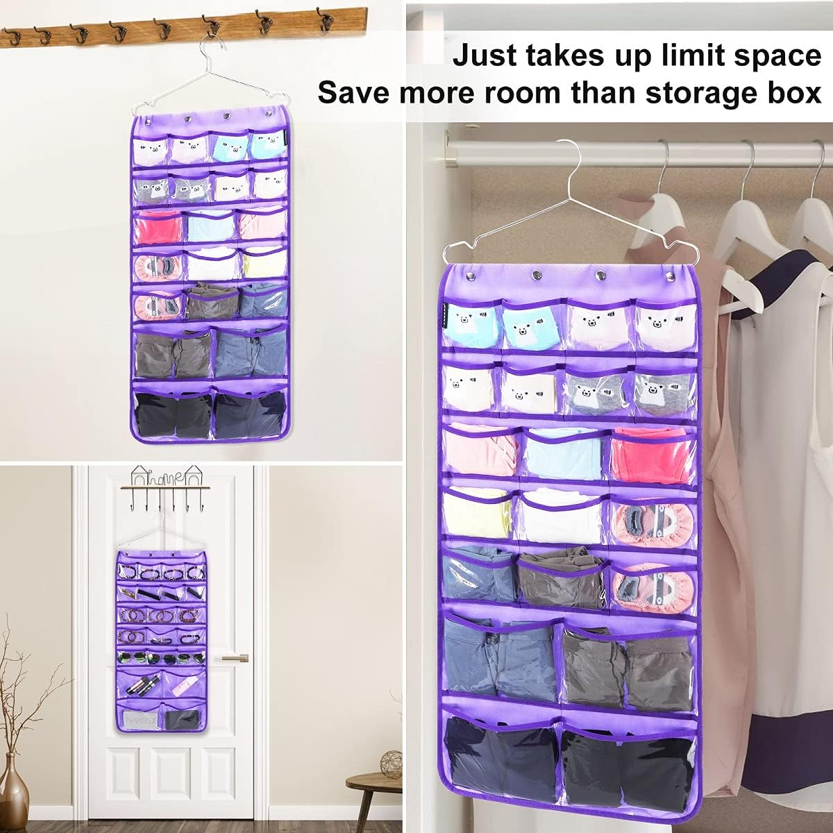 Dual Sided Hanging Organizer for Jewelry Makeup Storage Closet Organizers for Bows Socks Underwear with 42 Clear Pockets (PURPLE)