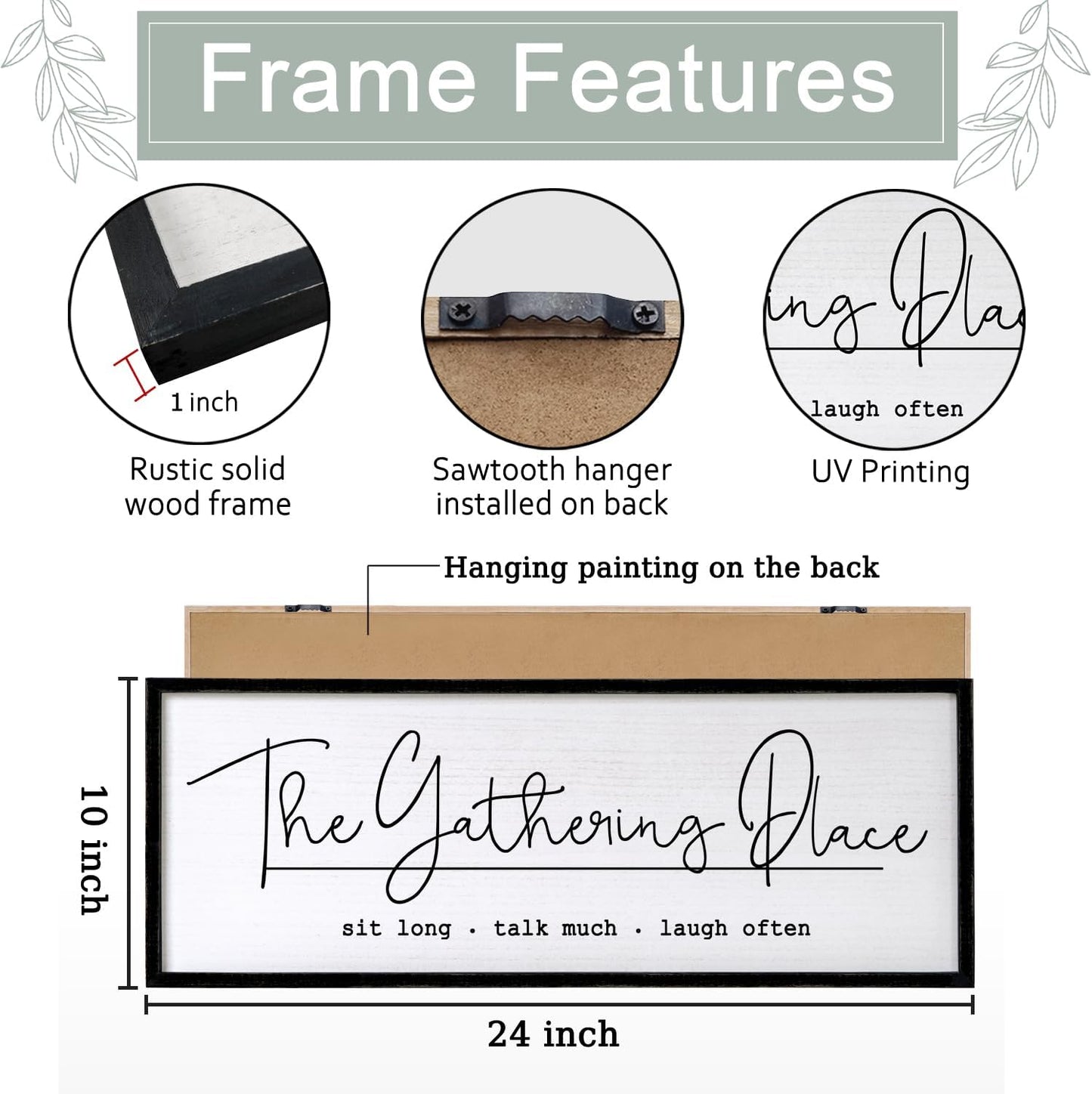 The Gathering Place Wall Decor Art 24"X10" for Dining Room gather Kitchen Wall Wooden Framed Sign (Black)