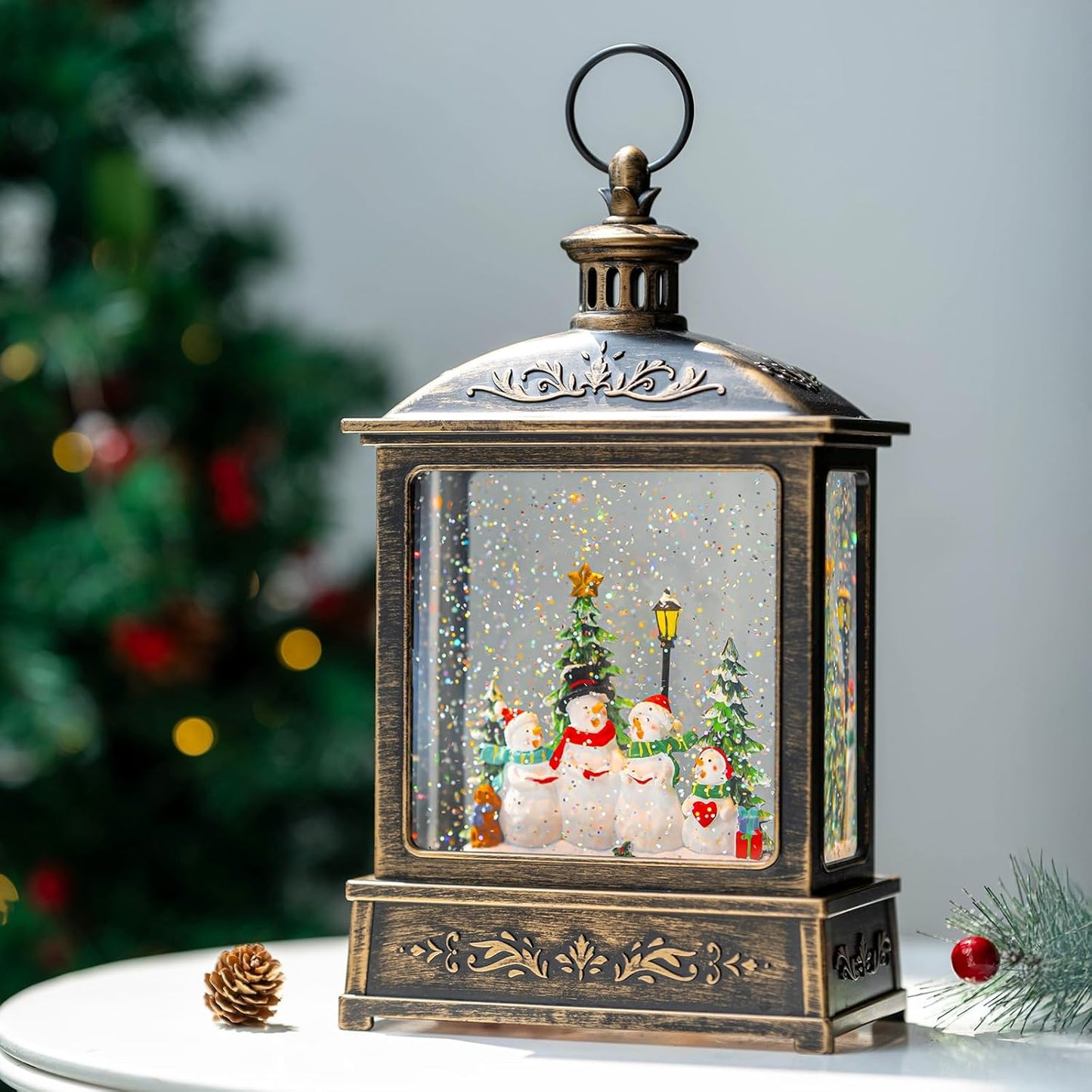 12.5'' Christmas Snow Globe Lantern Lighted Snowman Choir Musical Snowmen Carolers Water Lantern in Swirling Glittering Home Decoration and Gift, Battery Operated or USB Powered