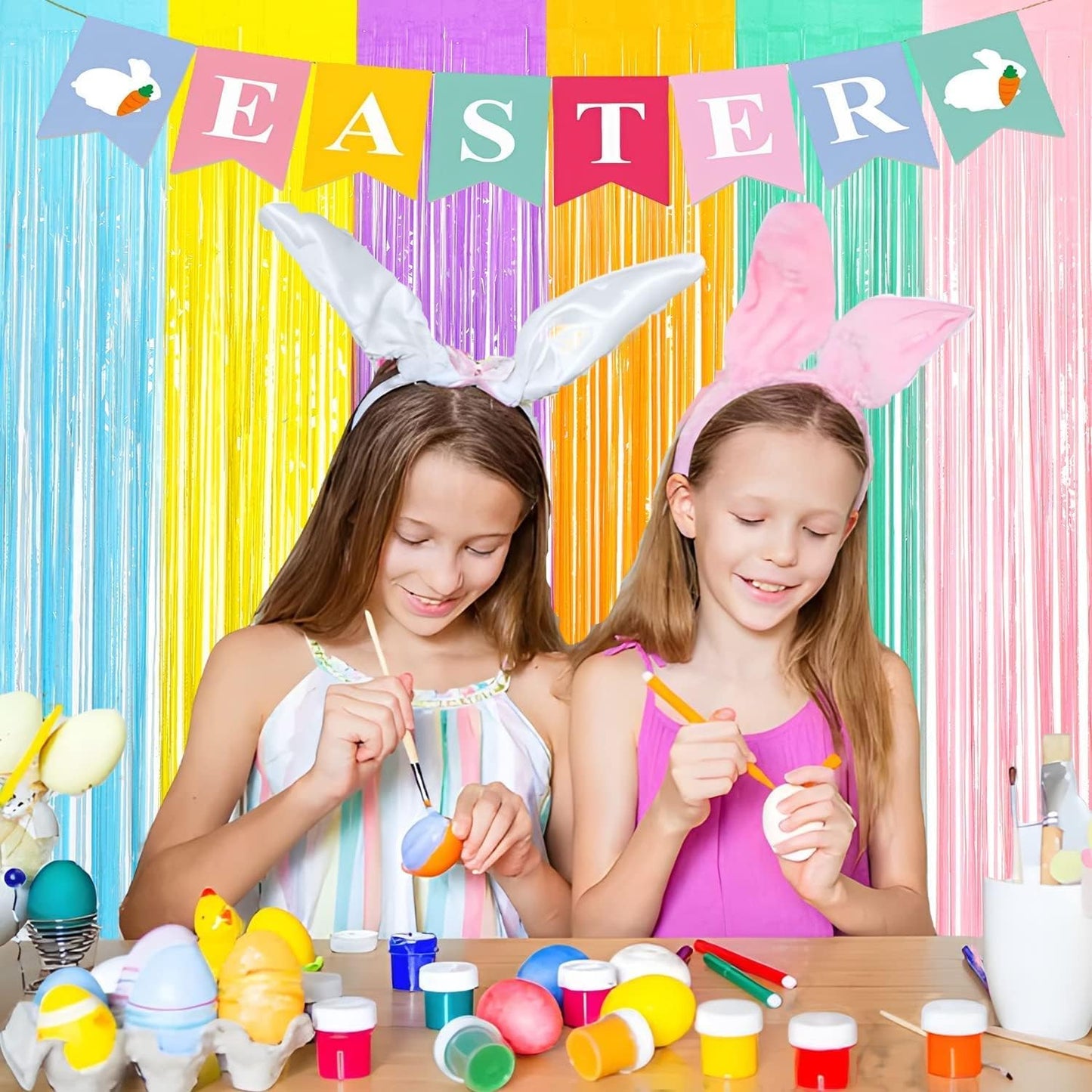 BRAVESHINE Tinsel Foil Fringe Curtains - 2Pcs 3.2x8.2ft Pastel Colourful Photo Backdrop for Sweet Birthdays Easter Bunny Bridal Shower Fairy Kids Candy Donut Party Decorations