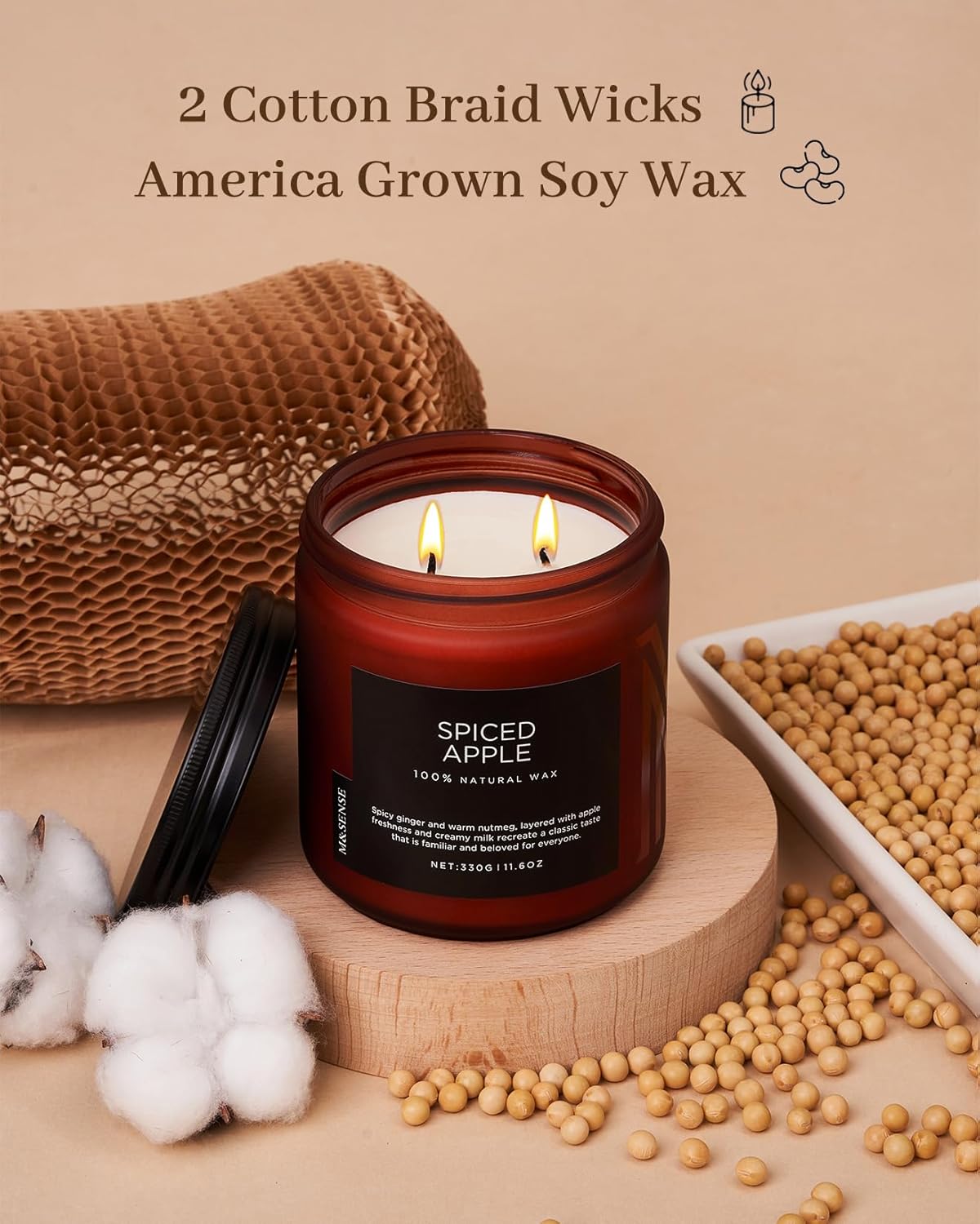 M&SENSE Spiced Apple 2 Wick Fall Scented Candle, 11.6oz Natural Soy Wax Candle for Autumn Decor, Up to 70 Hours Burn Time, Strong Fall Scented Candle Gift for Christmas Holiday Celebration