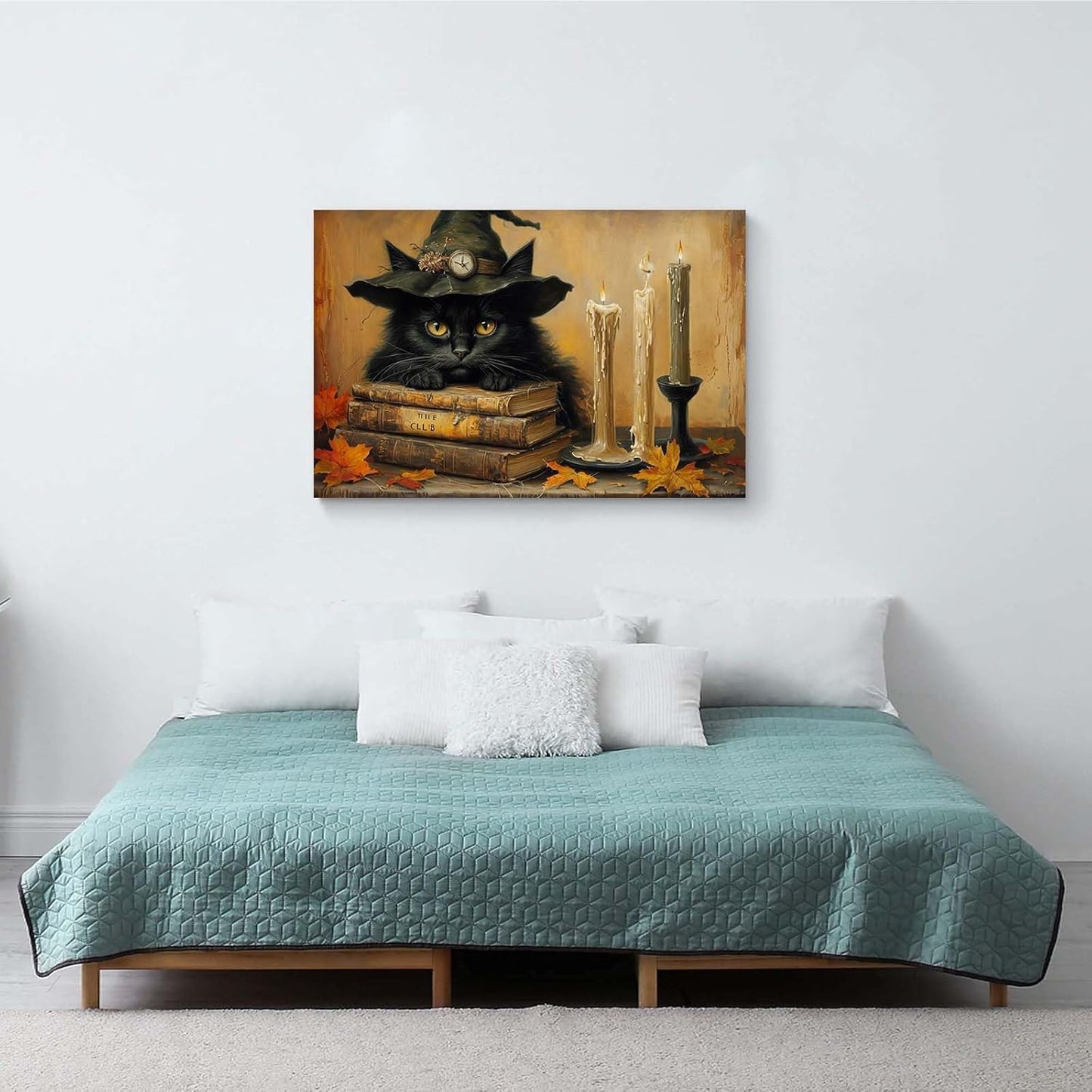 JFHCQJPK Vintage Halloween wall decoration black cat and magic book suitable for home bedroom living room decoration dark classic art witch wall decoration28x40in Frameless