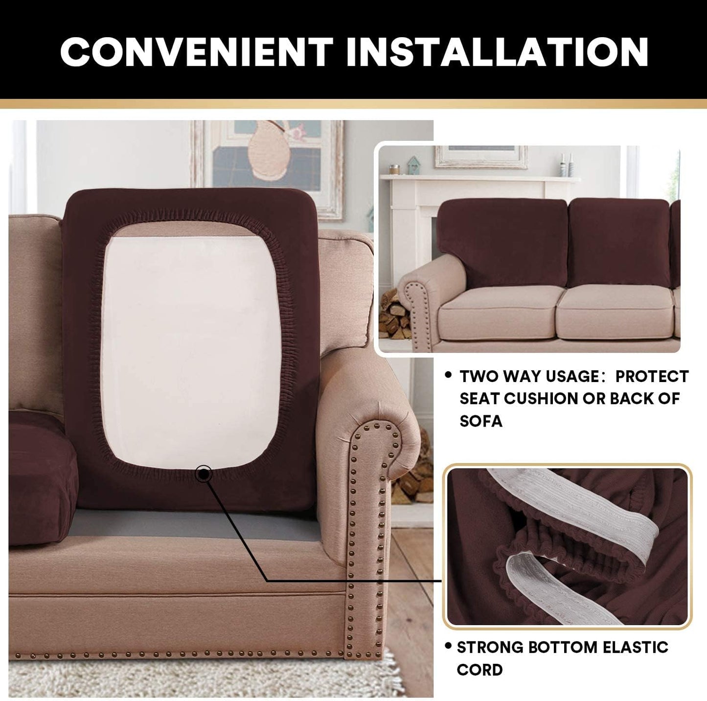 PrinceDeco Velvet Couch Cushion Covers 3 Pieces Velvet Separate Couch Cover Stretch Sofa Slipcover Washable Furniture Protector for Sectional Sofa Each Width Up to 40", Brown