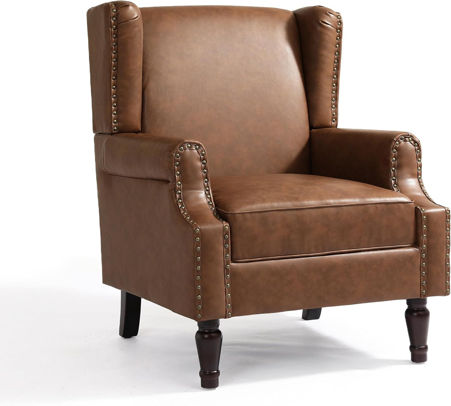 UIXE PU Leather High Back Accent Chair, Upholstered Armchair for Living Room, Retro Wingback Arm Chair Nailhead Trim Single Sofa Bedroom Reading Seat with Solid Wood Legs - Brown