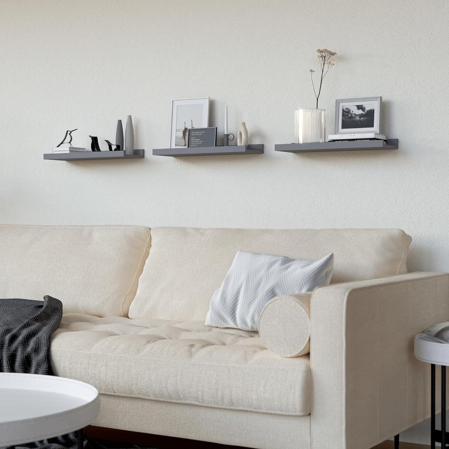 RICHER HOUSE 3 Set Floating Shelves for Wall, Black Wall Mounted Shelves with Lip for Storage, Display Picture Ledge Shelf for Bedroom Bathroom Kitchen Living Room Decor, Modern Grey