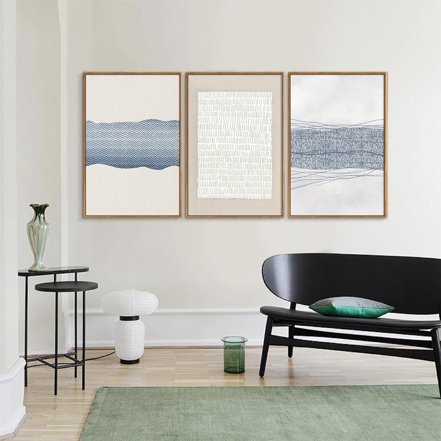 SIGNINART Large Abstract Framed Canvas Wall Art Set of 3, Minimalist Boho Line Art Prints, Modern Neutral Aesthetic Wall Decor, Blue and White Art Paintings for Living Room, Bedroom, Office 16"x24"