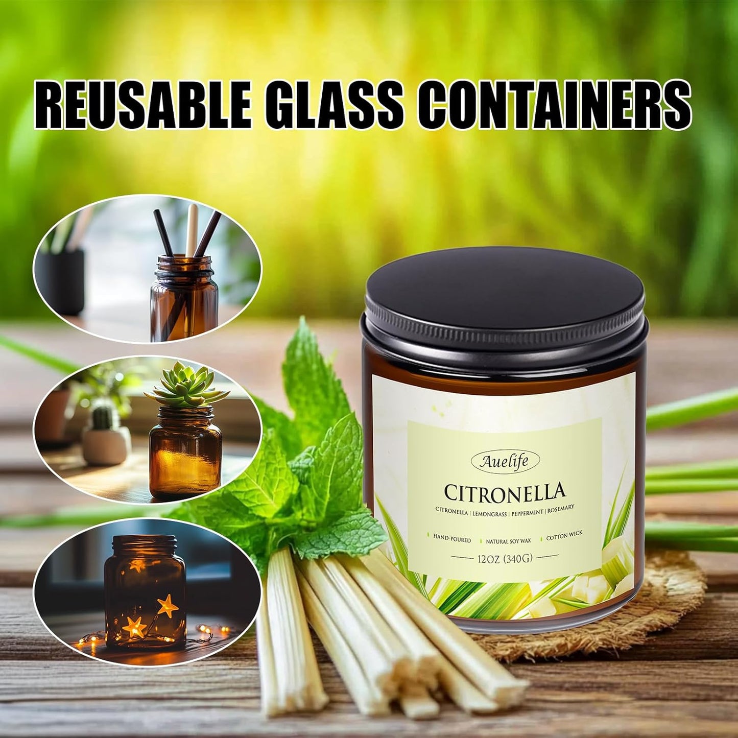 Auelife Citronella Candles Outdoor, 12oz Large 3-Wick Candle for Outside Patio Camping & Garden, Natural Soy Wax Citronella Candle for Summer Gift, Long Lasting for Indoor Home Scented, 50+ Hour Burn