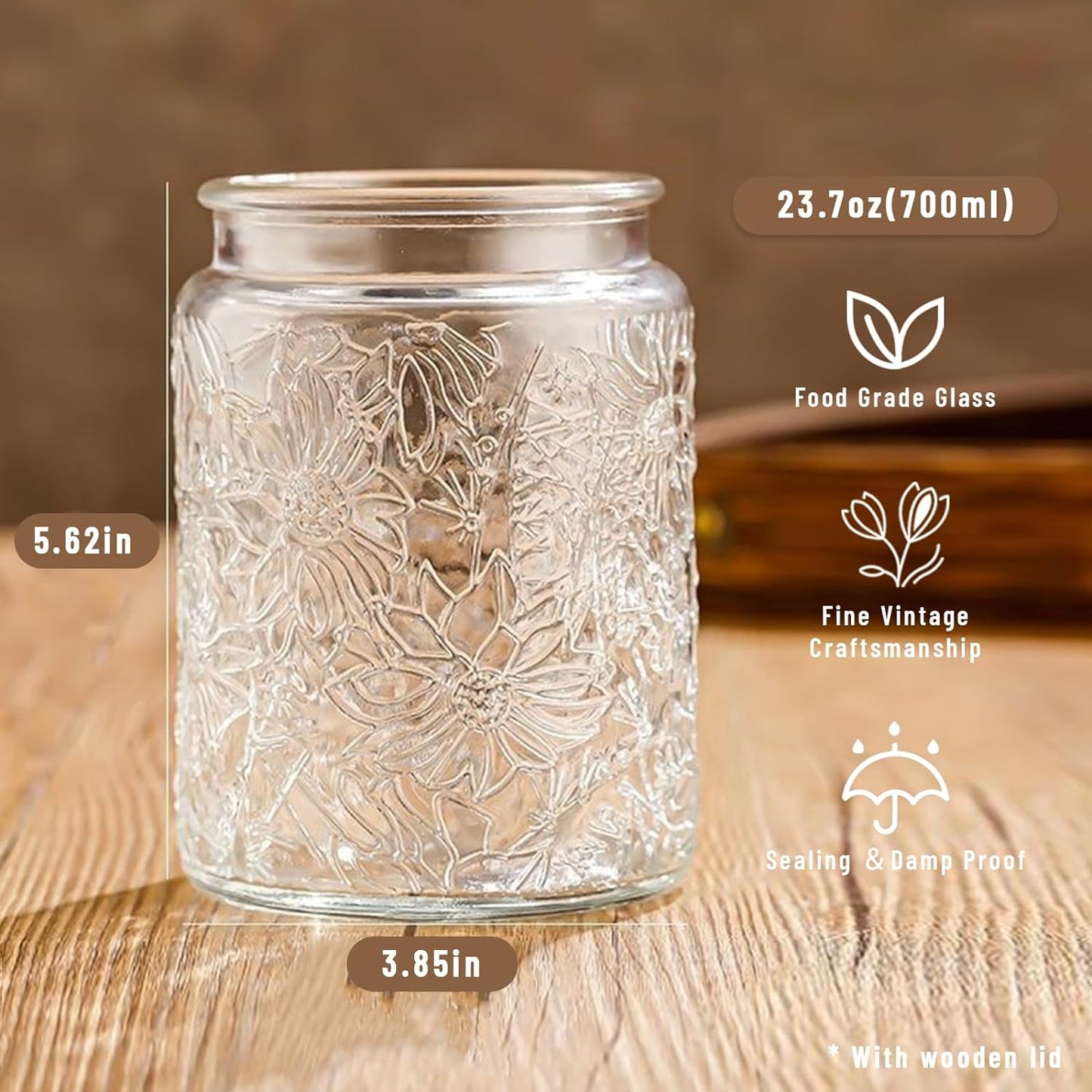 Vintage Glass Jars with Wooden Lids, 4 Pack 24 oz Airtight Glass Food Storage Containers Sets for the Kitchen, Sugar Coffee Candy Spice Cookie Tea Pasta