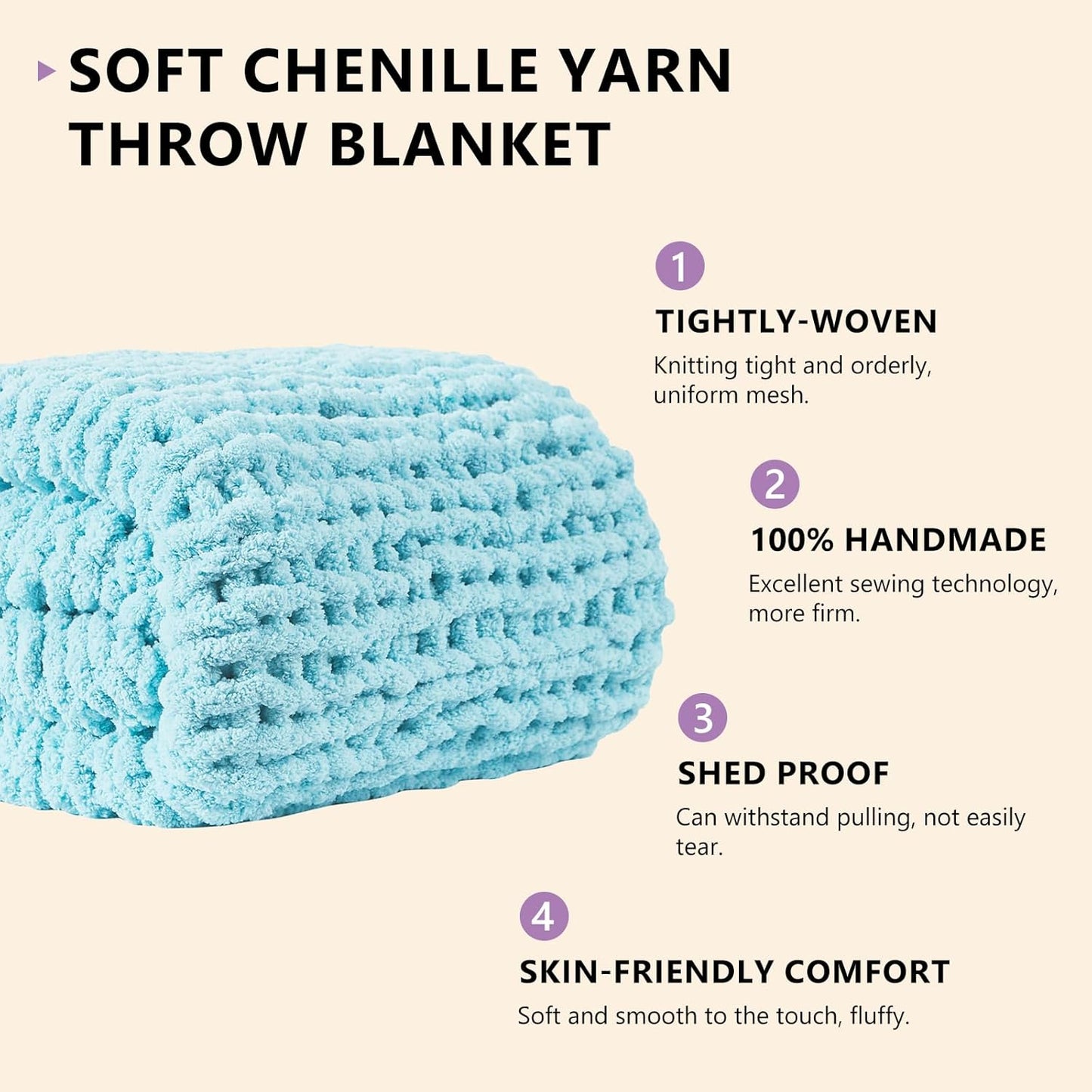 L'AGRATY Chunky Knit Blanket Throw: 72''x84'' Chenille Thick Big Cable Knit Blanket - Handmade - Light Blue