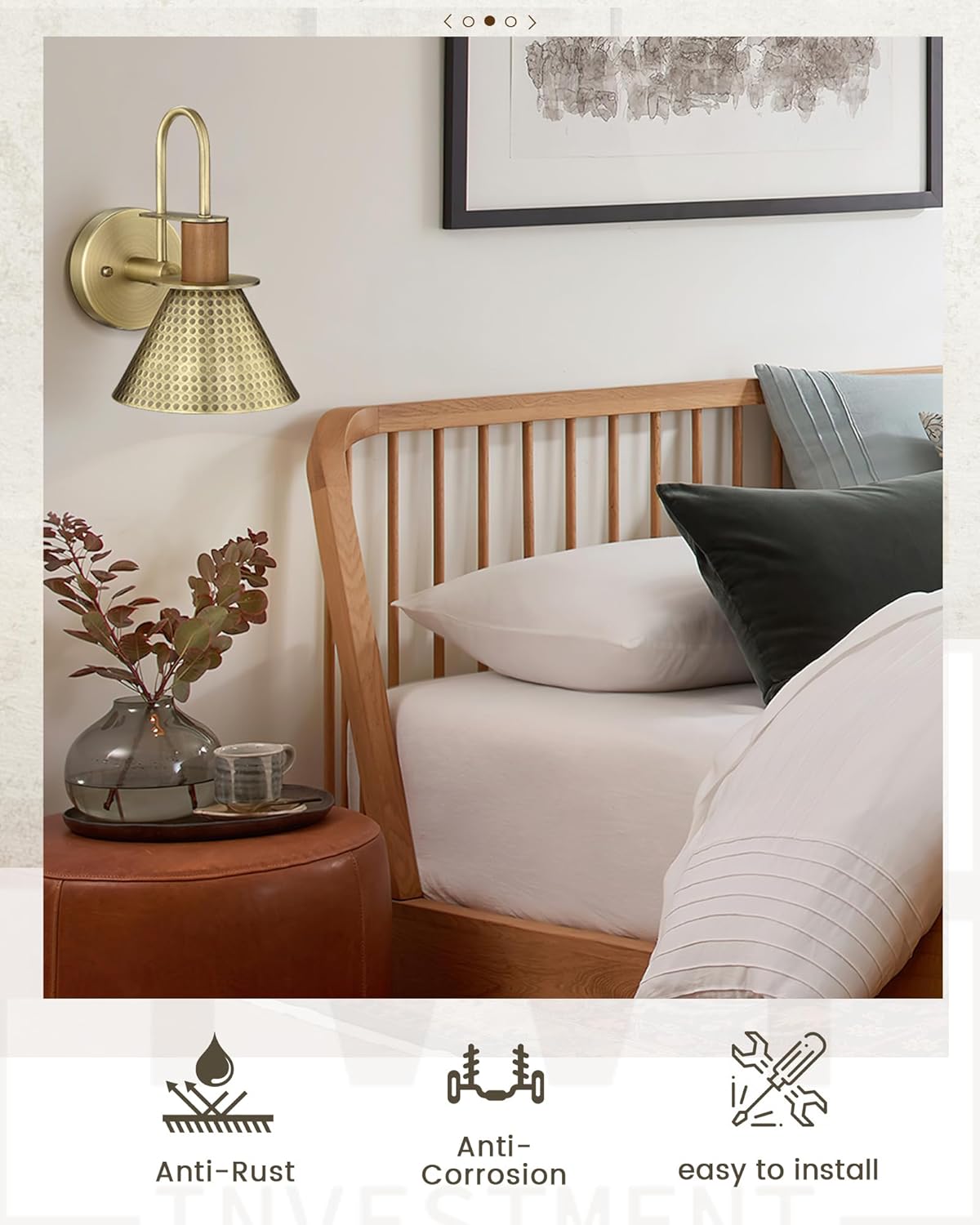 Antique Brass Wall Sconce, HWH Gooseneck Barn Wall Light Fixtures, 1-Light Single Wall Vanity Light, Farmhouse Wall Lamp for Bedroom Bedside Kitchen Hallway, Hammered Metal Shade, 5HZG74B-L BG