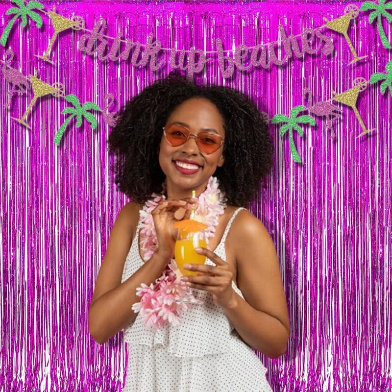 BRAVESHINE Hot Pink Tinsel Foil Fringe Curtains - 2Pcs 3.2x8.2ft Metallic Party Streamers Backdrop for Girl Birthdays Valentines Bridal Shower Bachelorette Hawaiian Luau Theme Party Decorations