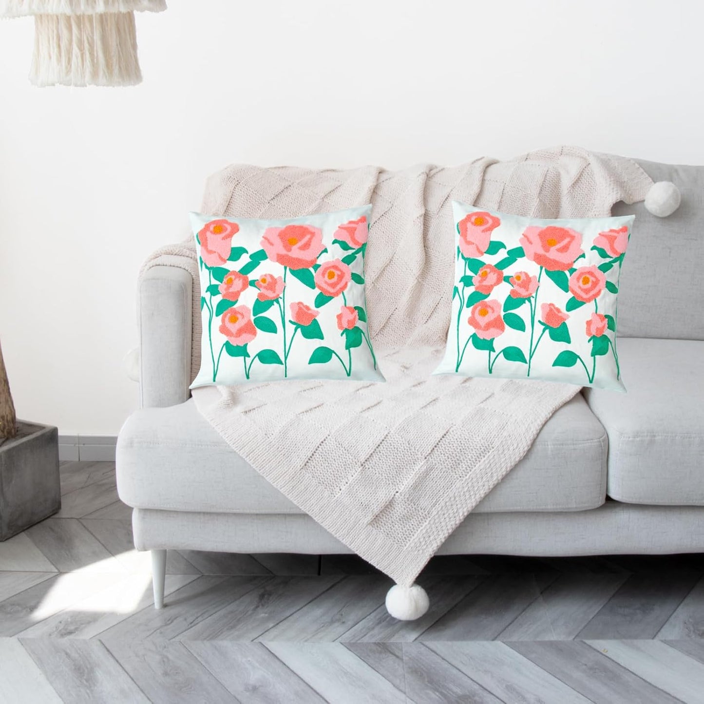 Embroidered Decorative Throw Pillow Cover, 18"x18" Set of 2, Farmhouse Pillowcase Pink Rose Knit Pattern Cotton Canvas Cushion Case Square Floral Pillow Case for Sofa Couch Bed Living Room…
