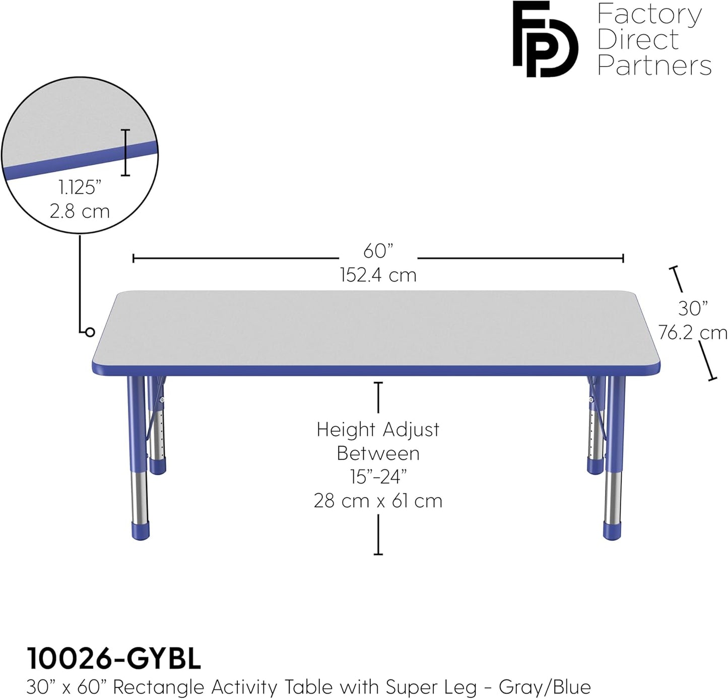 FDP Rectangle Activity School and Classroom Kids Table (30 x 60 inch), Toddler Legs, Adjustable Height 15-24 inches - Gray Top and Blue Edge