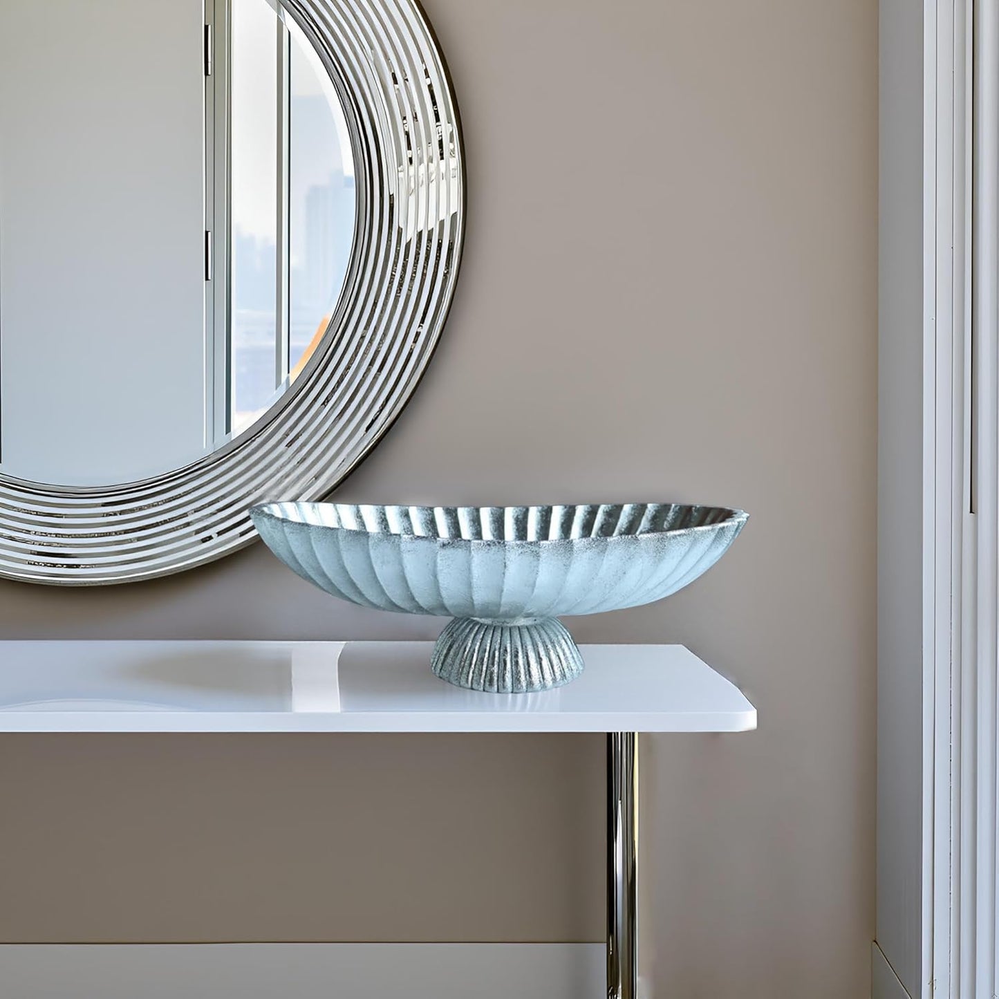 14.5" Large Decorative Long Bowl - Silvery Fluted Scalloped Decorative Bowls for Home Decor - Ruffle Decor,Stylish Key Bowl for Entry Table,Decorative Fruit Bowls for Kitchen Counter ﻿