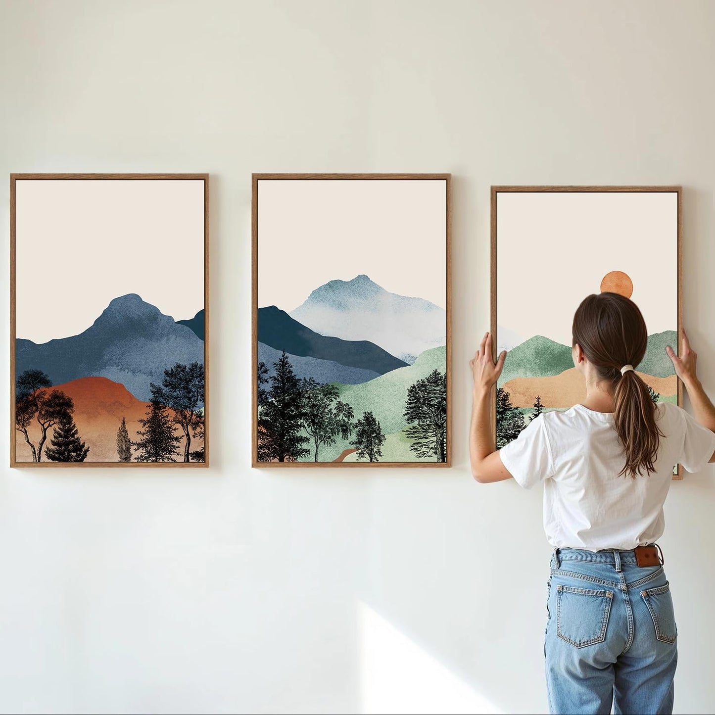 SIGNINART Boho Mountains Framed Canvas Wall Art Set of 3, Watercolor Nature Landscape Art Prints, Neutral Modern Sunrise Art Paintings, Green Forest Wall Decor for Living Room Bedroom Office 24"x36"x3
