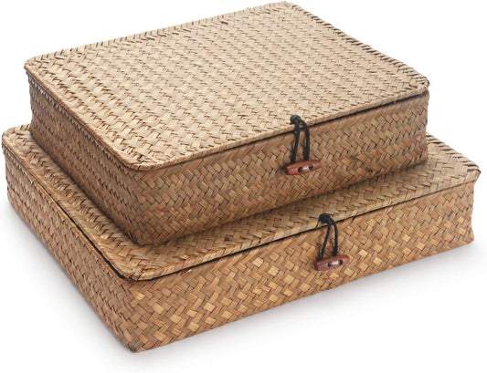 Seagrass Storage Basket Box with Lid Rectangular Woven Shelf Baskets Bins for Organize Snack Toys Set of 2 Natural Decorative(Large+Small)