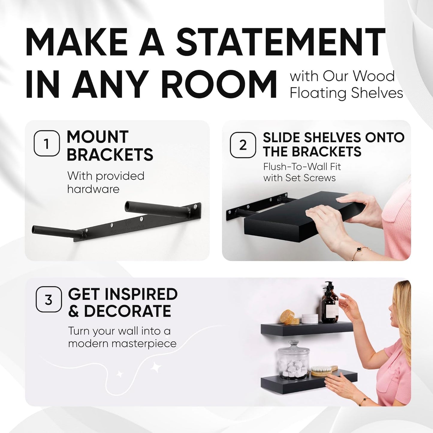 Homeforia Black Floating Shelf 18 inch, High End Solid Real Wood 18inch Bathroom Floating Shelves for Wall Mounted, Black Wooden 18in Floating Shelves, Heavy Duty Bracket, 18 X 6.5 X 1.75 in, Set of 3