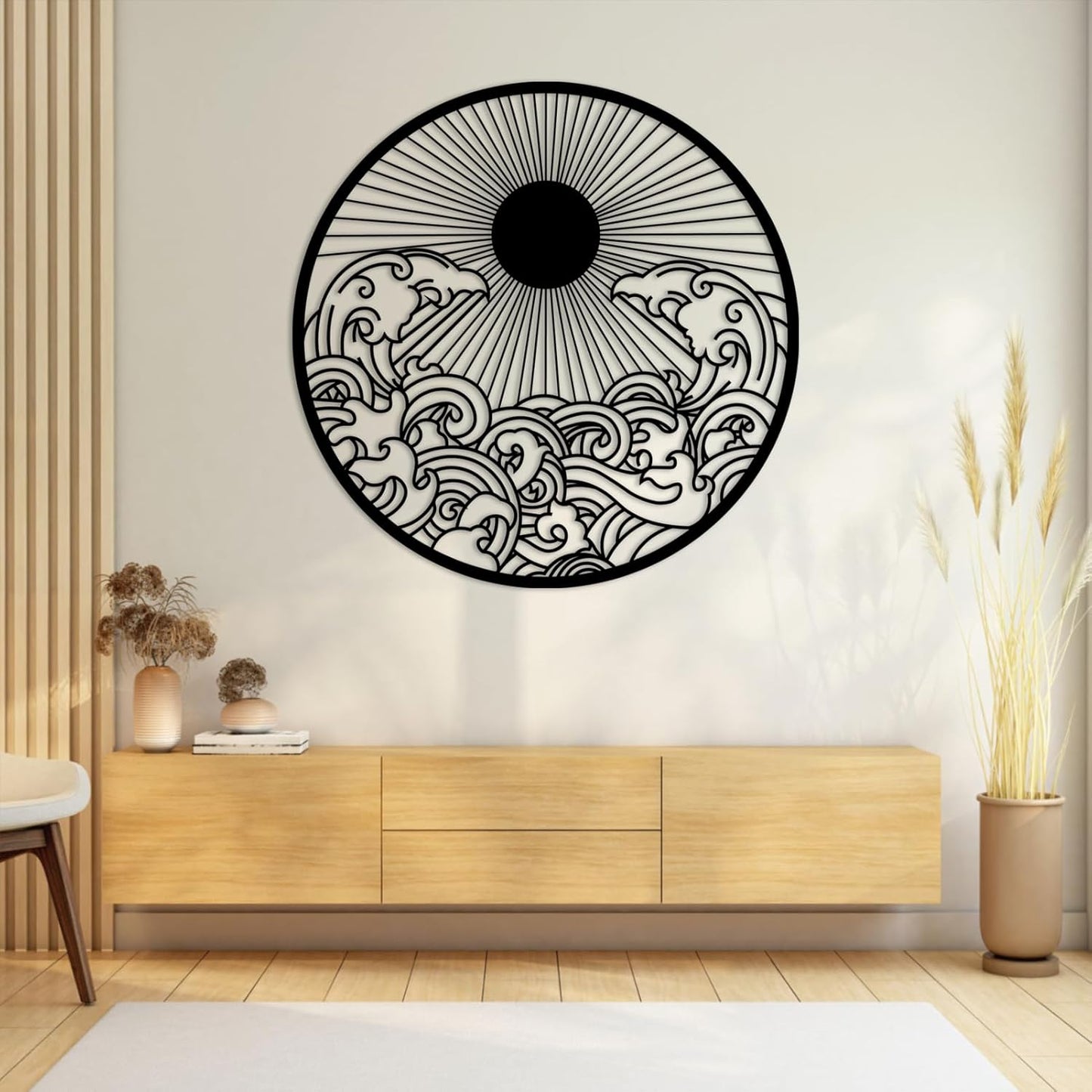 flyoak Metal Sun Wall Decor Outdoor, Sunrise Metal Wall Art, Metal Wave Wall Art, Sunrise and Wave Wall Decor, Sunburst Wall Art, Sunset Wall Art, Wall Hangings for Bedroom (Black, 30x30in|76x76cm)