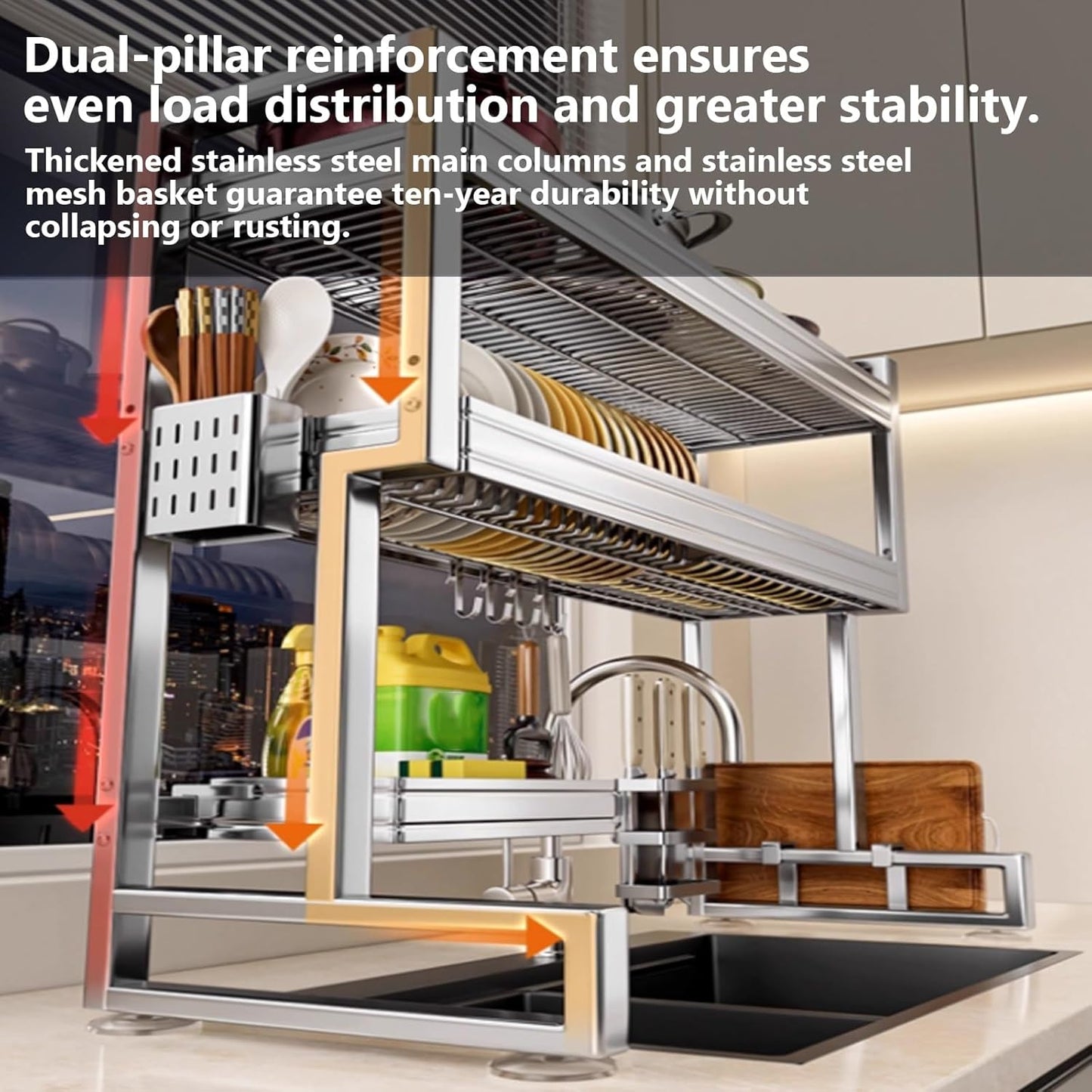 Kitchen Sink Rack Sink Above The Dish Drain Dish Washing Rack Stainless Steel Multifunctional Dish Storage Rack,Over The Sink Drying Rack for Dishes(1,95cm/37.4in)