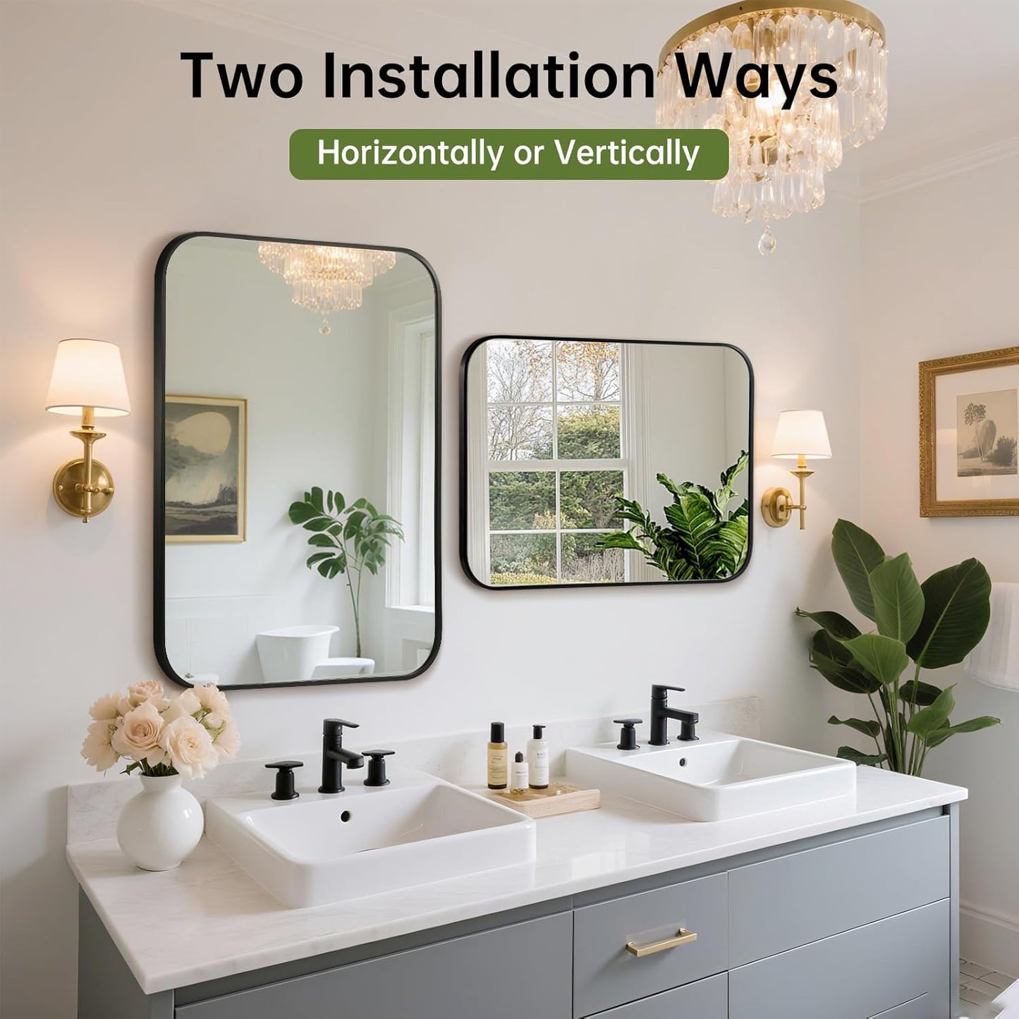 FARMER 26x38 Inch Black Bathroom Mirror, Rectangle Vanity Mirror, Brushed Mirrors for Wall, Metal Frame Hanging Mirror with Round Corner for Bedrooms, Entryways, Living Rooms, Horizontal/Vertical