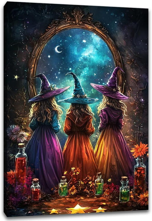 Witch Poster Halloween Fall Wall Art Decor,Three Witches with Magic Potion Mirror Colorful Vintage Print,Dark Academia Spooky Canvas Art Prints for Home Living Room,20"x30" Framed