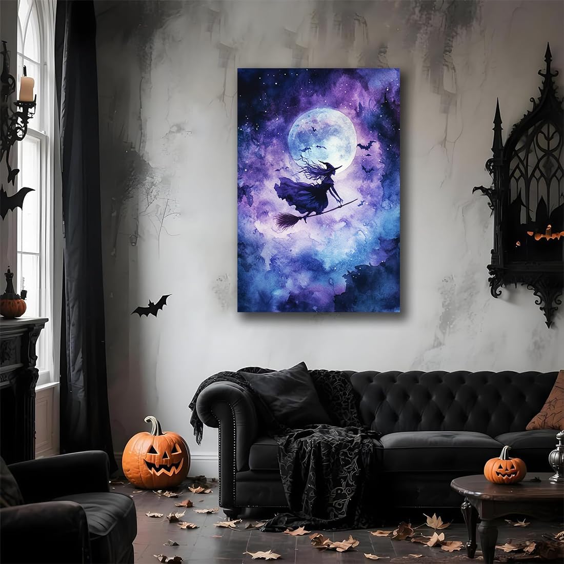 Witch On Broom Flying Wall Art,Gothic Halloween Canvas Wall Art,Victorian Witch Silhouette In Moonlight Broomstick Poster Pictures,Creepy Halloween Purple Night Sky Print,16"x24" Unframed