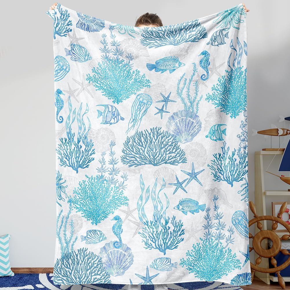 Blue Ocean Beach Throw Blanket Nautical Coastal Bed Blanket Starfish Seashell Coral Blankets Super Soft Flannel Fleece Throw Blanket for Couch Bed Decor “60 x80”