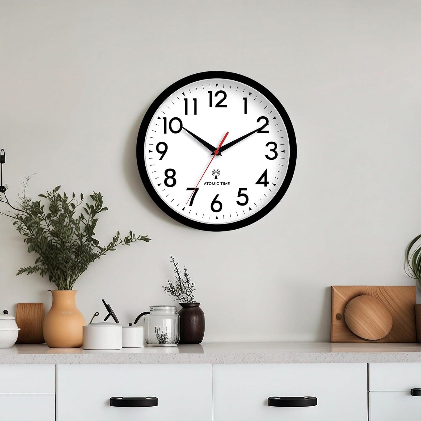 Atomic Wall Clock Analog 10 Inch Battery Operated Modern Decorative for Living Room Kitchen Office Bedroom Bathroom(Black)