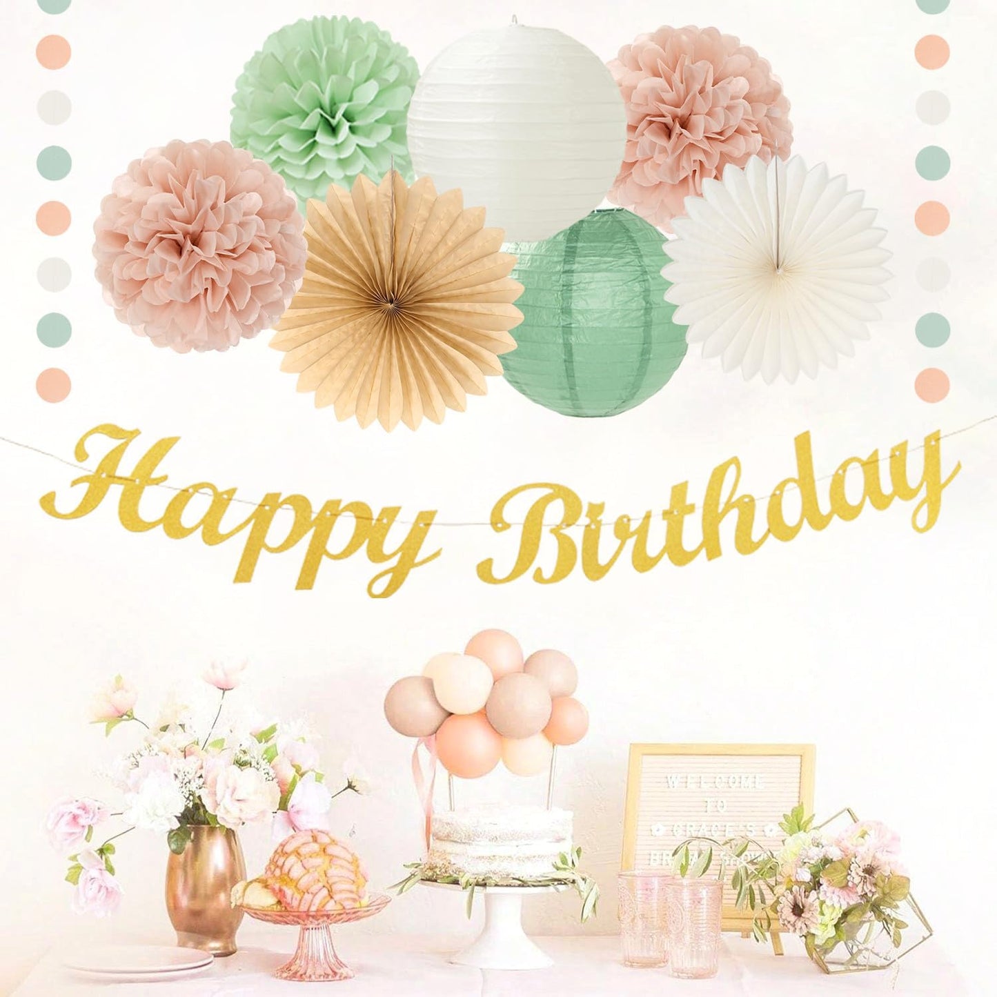 Sage-Green Blush-Pink Birthday Garland Party-Decorations - 14pcs Happy Banner 21st Spring Paper Flowers Lanterns Beige Tissue Pom Poms,Boho Streamers Fans,Neutral Rustic Hanging Supplies Decor Hugfond