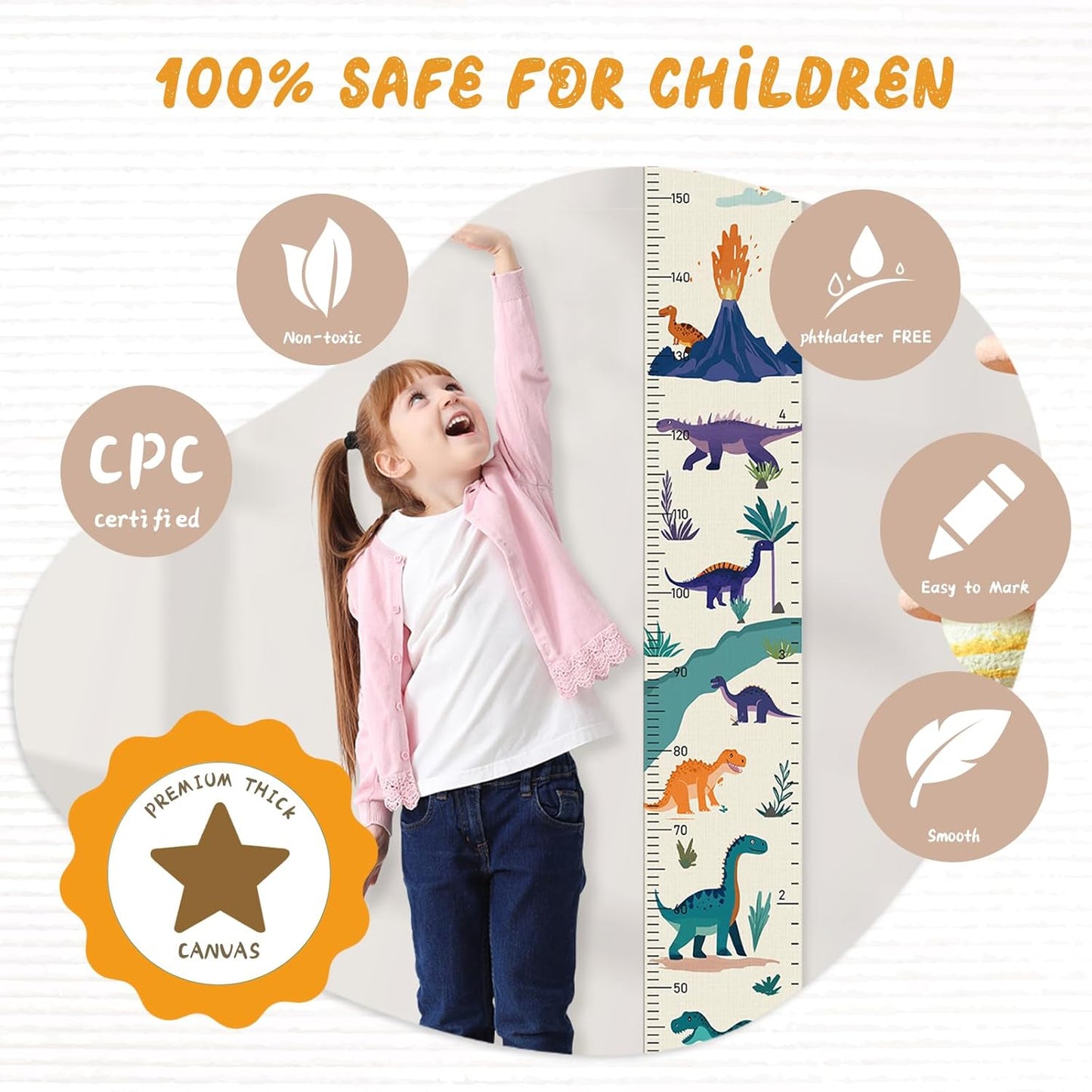 Personalized Name Growth Chart Wall Decor for Kids – Canvas Removable Height Chart Measuring Ruler 59" x 7.9" (Dinosaurs)