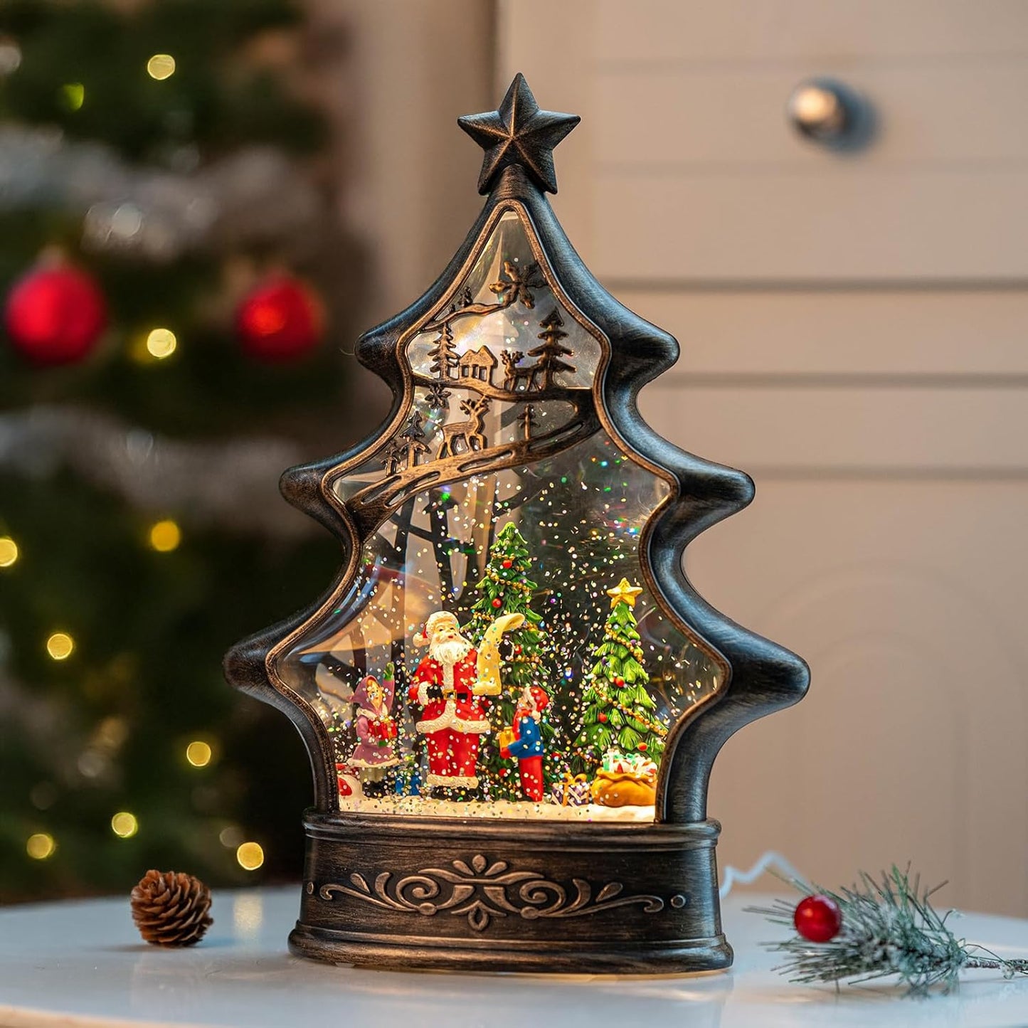 Christmas Snow Globe Lantern Water Glittering Santa's List with Music& Timer, USB Lined/Battery Operated Lighted Lantern for Christmas Festival Decoration Gifts （Santa）