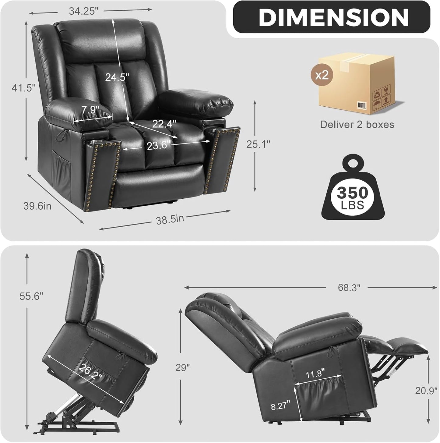 Electric Power Lift Recliner Chair for Elderly with Heat & Massage, Breathable Leather Large Reclining Chairs w/2 Concealed Cup Holders for Seniors Home Living Room,Set of 2,Grey