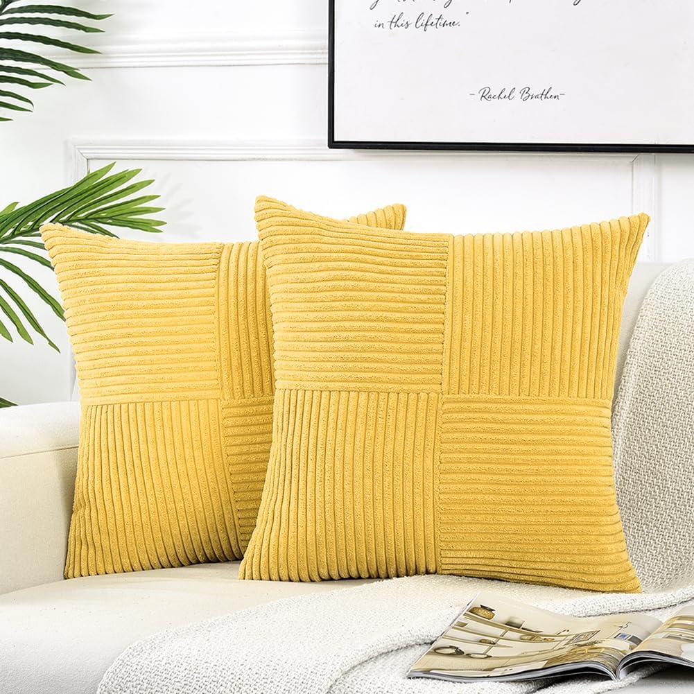 Fancy Homi 2 Packs Yellow Big Decorative Throw Pillow Covers 24x24 Inch for Couch Bed Sofa, Rustic Farmhouse Boho Home Decor, Soft Corss Corduroy Patchwork Accent Square Cushion Case 60x60 cm
