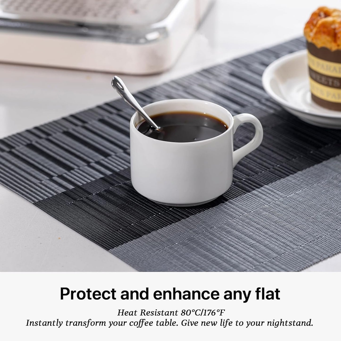 LEXMORE PlaceMats Set of 12 Vinyl/Plastic Woven Place Mats for Kitchen Table Indoor/Outdoor Washable PlaceMat Wipeable Dining Table Mats(Silver Gray Black)