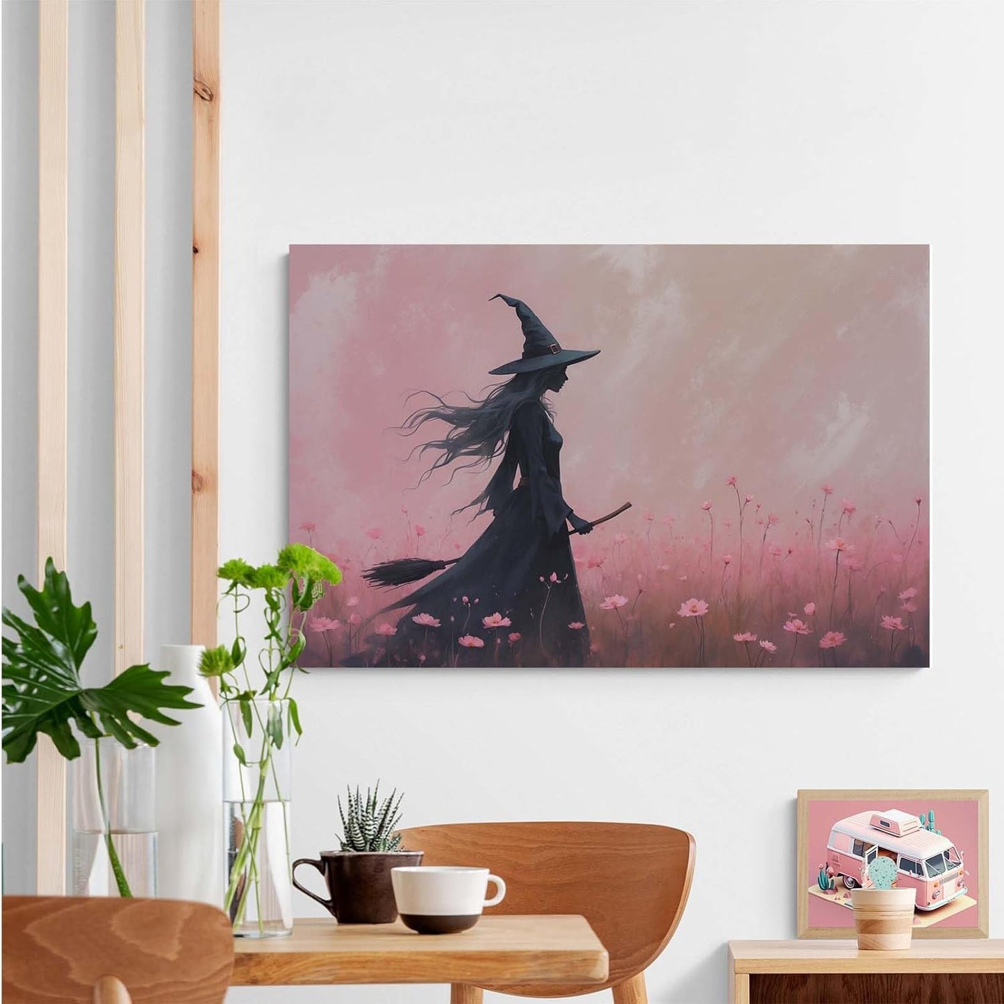 Witch in the pink sea of flowers Halloween prints weird flowers wall art silhouette painting fashionable romantic decoration suitable for bedroom12x16in Wood Framed