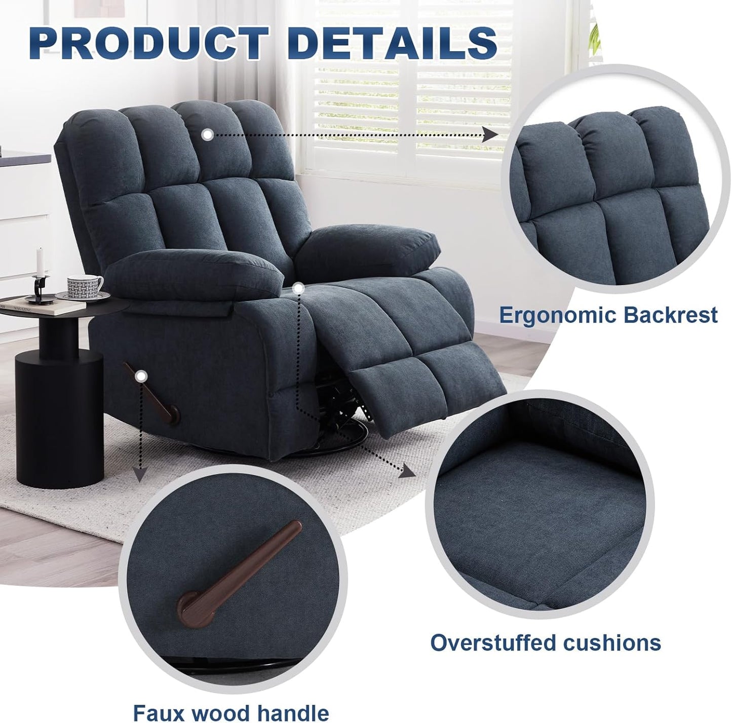 2PCS Oversized Recliner Chair, 360° Swivel Rocker Recliner for Big Man, Extra Wide Manual Recliner, Overstuffed Soft Rocking Sofa Chair for Living Room(Grey)