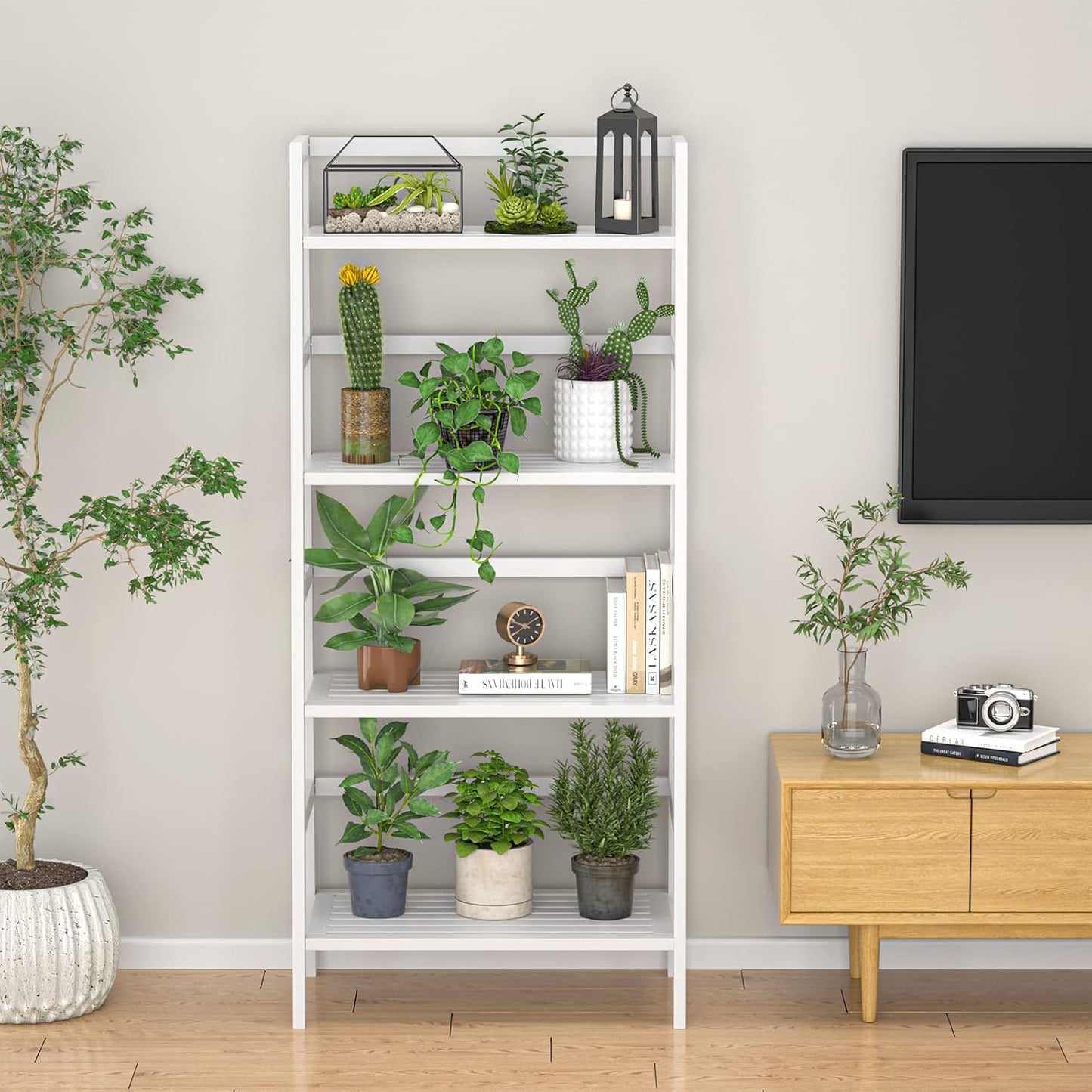 Homykic Bamboo White Bookshelf 4-Tier Ladder Shelf, 49.2” Freestanding Open Bookcase Book Shelf Bathroom Storage Shelf Unit Plant Stand for Small Space, Bedroom, Living Room, Home Office