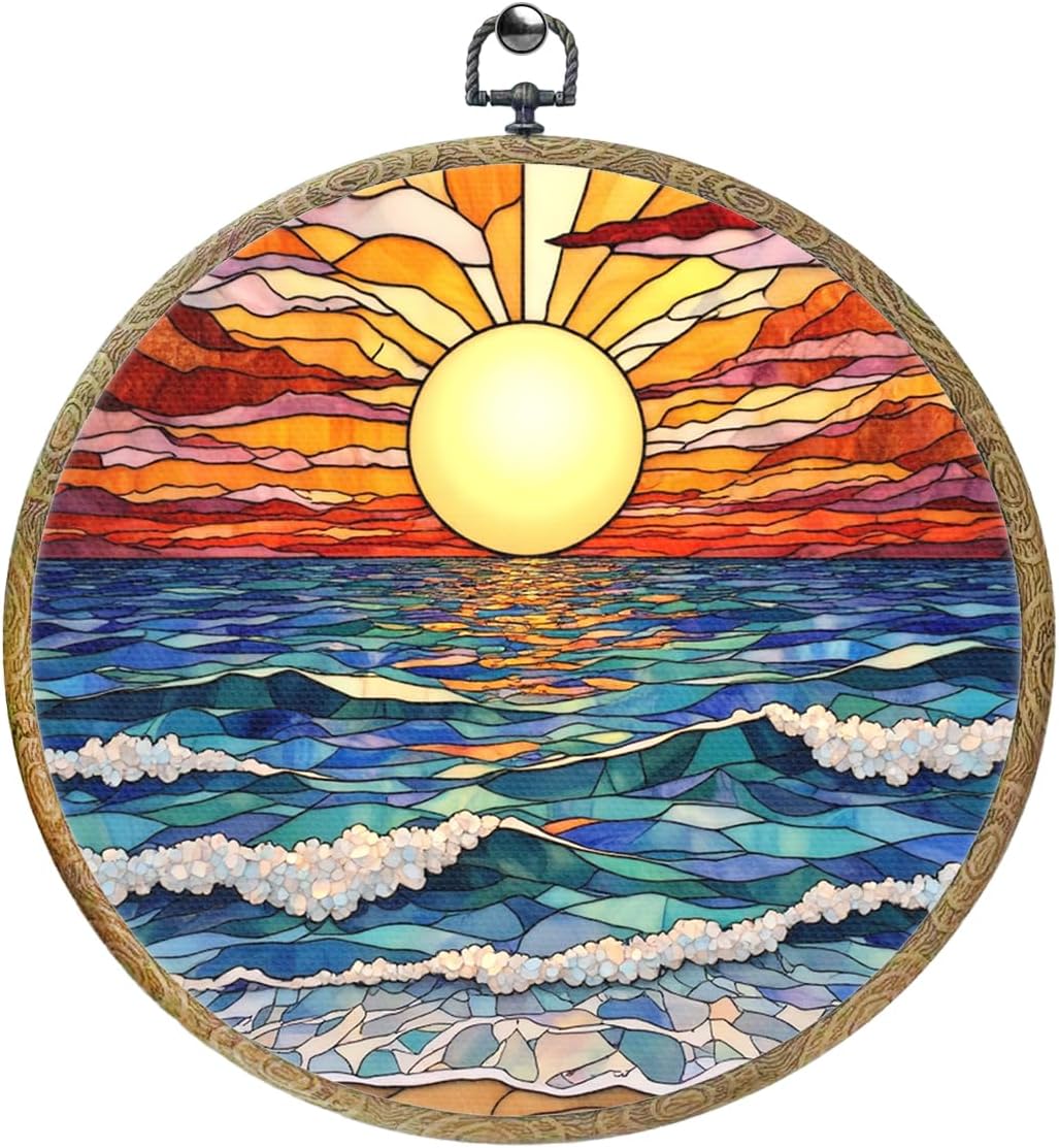 Colorful Boho Waves on The Beach Sunset Gifts for Sunset Lovers Framed Round Wall Decor Canvas Wall Art Hanging Prints Artwork for Home Nursery Bathroom Bedroom Living Room Decorations 10.2X10.2 Inch