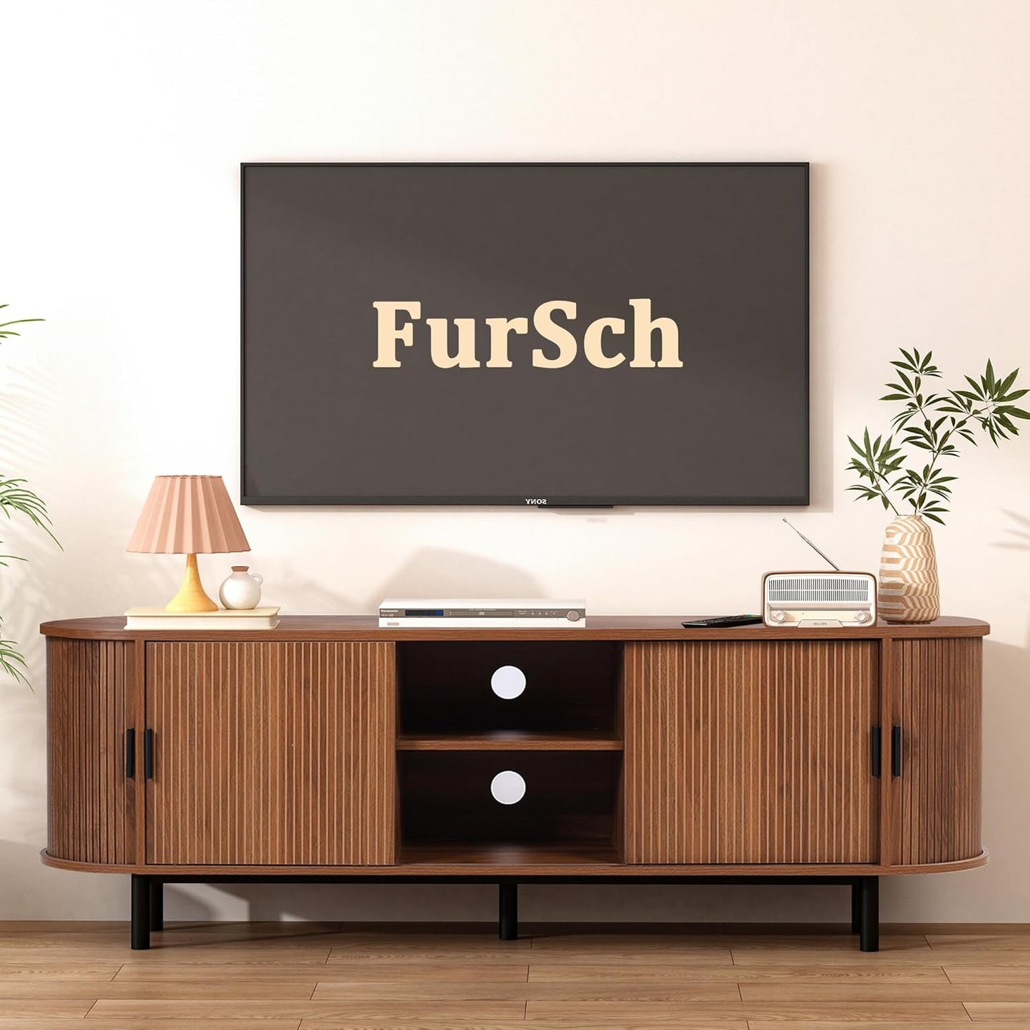 62" Tambour Door TV Stand,Wood Mid Century Modern TV Cabinet for Up to 70“ TV,Curved Edge Long TV Stand with Storage for Bedroom Living Room(Walnut, 62.2inch)
