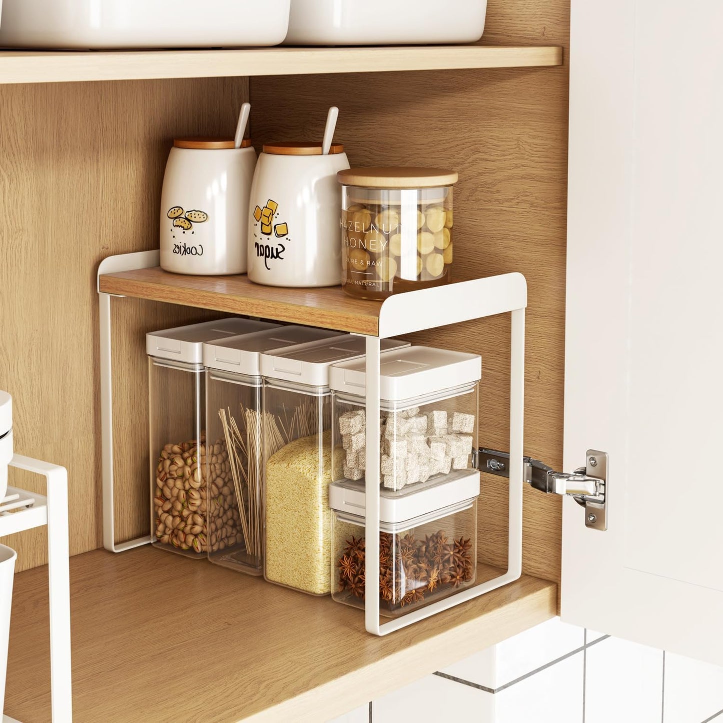 Mitus Shelf Organizer and Storage, Tiered Wood Cabinet Rack for The Kitchen Counter, Bathroom Counter, Pantry Cupboard, Office Desk Bookshelf, 16" Wide Natural and White (Large)