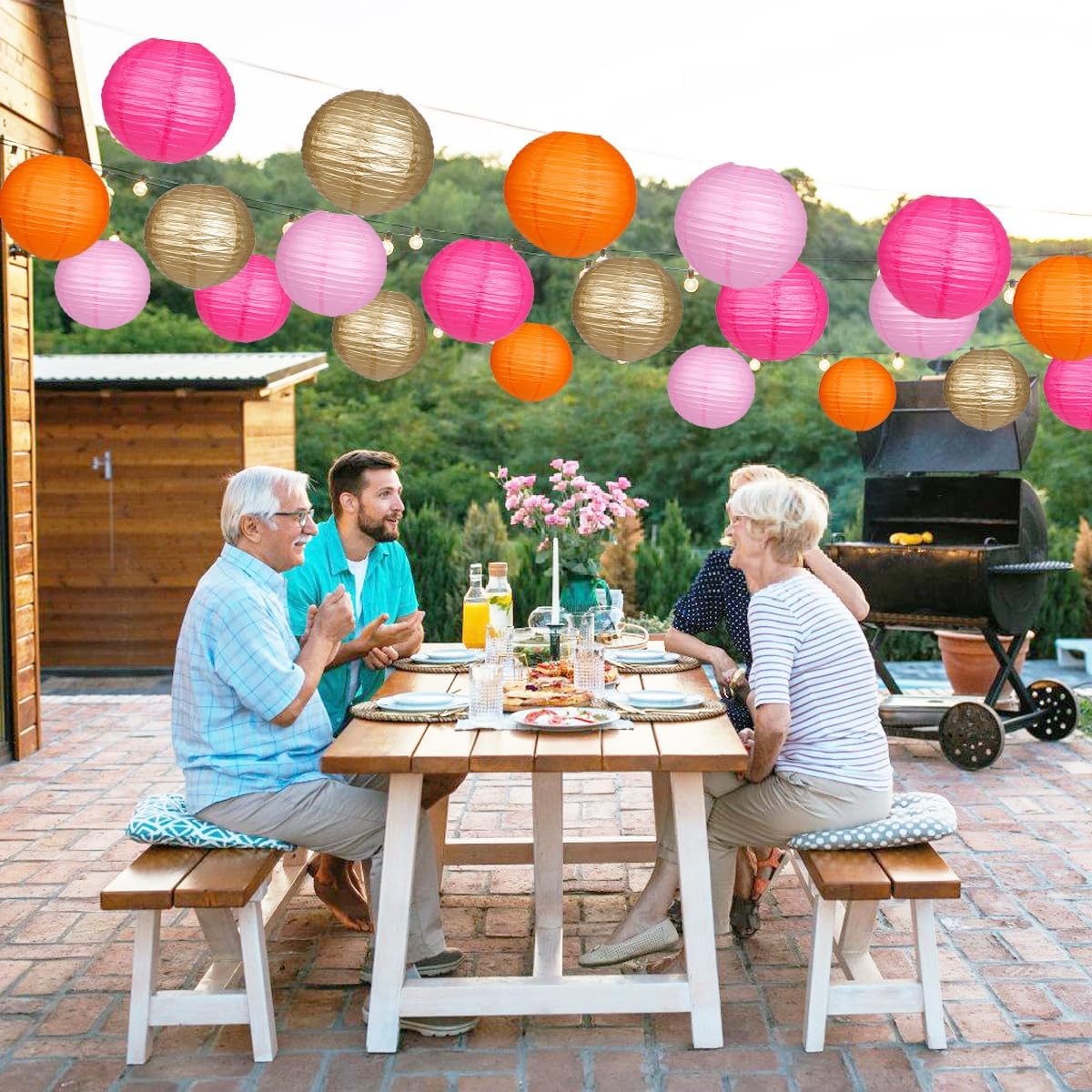 Paper Lanterns Pink Orange Gold Round Hanging Chinese Lanterns for Birthday Party Baby Shower Bridal Shower Decorations Pack of 12