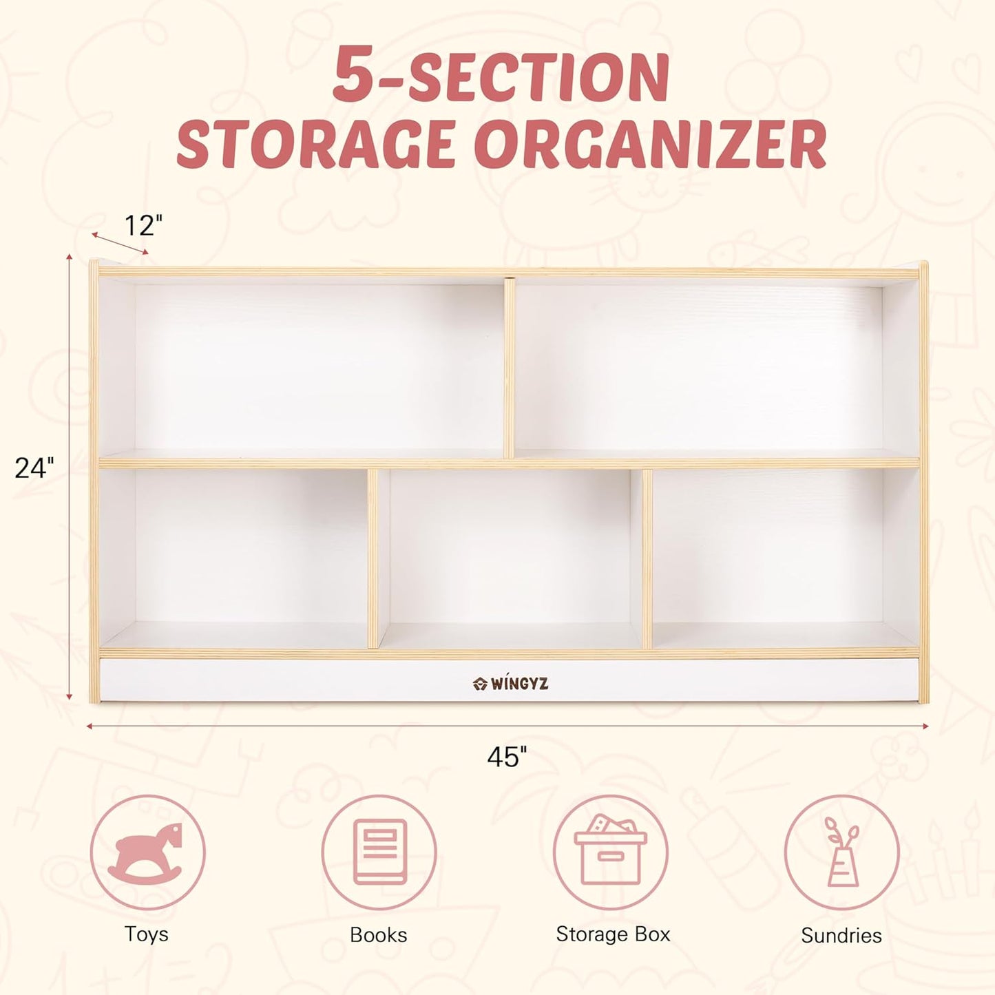 Toy Storage Organizer for Kids, 5-Compartment Wooden Storage Cabinet, Children Bookcase and Montessori Bookshelf, Book Shelf for Kids Room, Playroom, Living Room, Nursery, Classroom 24'' H(White)