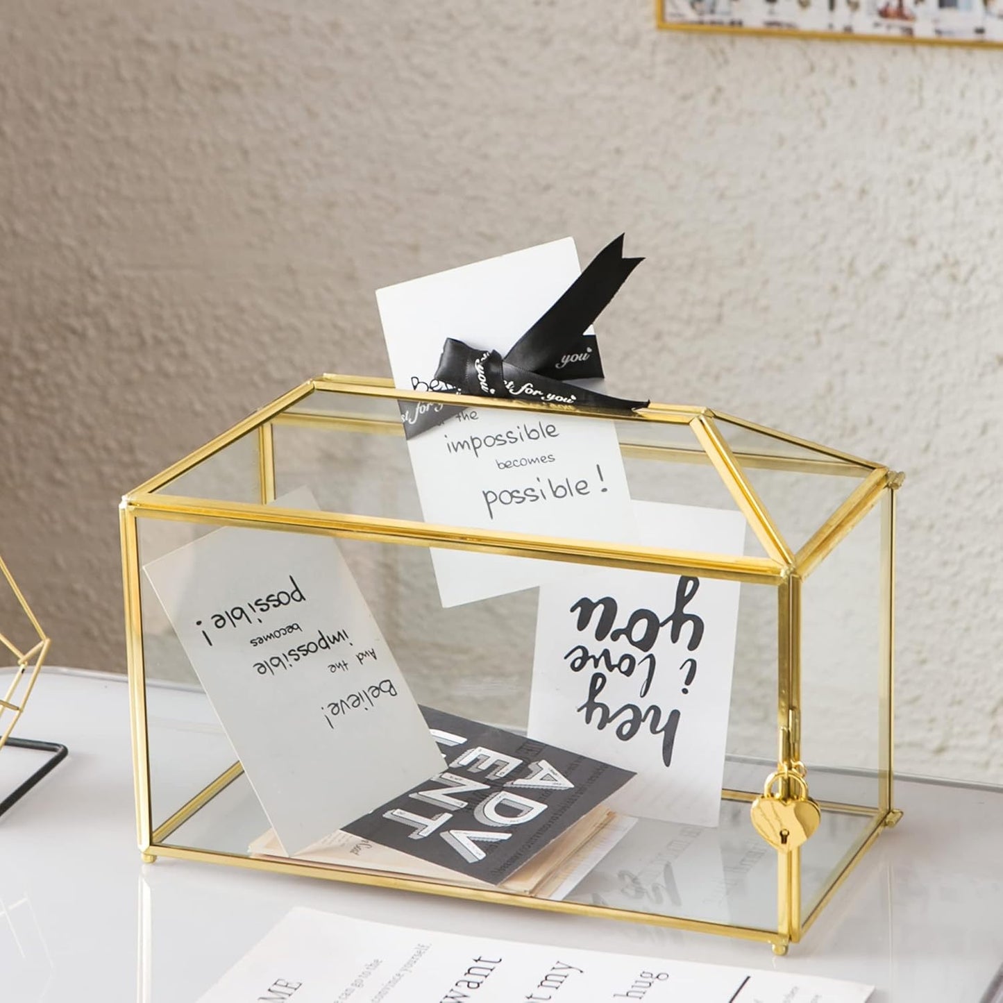 Glass Wedding Card Box with Slot, 12.6 inch Large Clear Card Box Gold Brass Gift Card Storage Box with Lock for Wedding Receptions, Baby Shower, Birthday Party, Bridal Shower