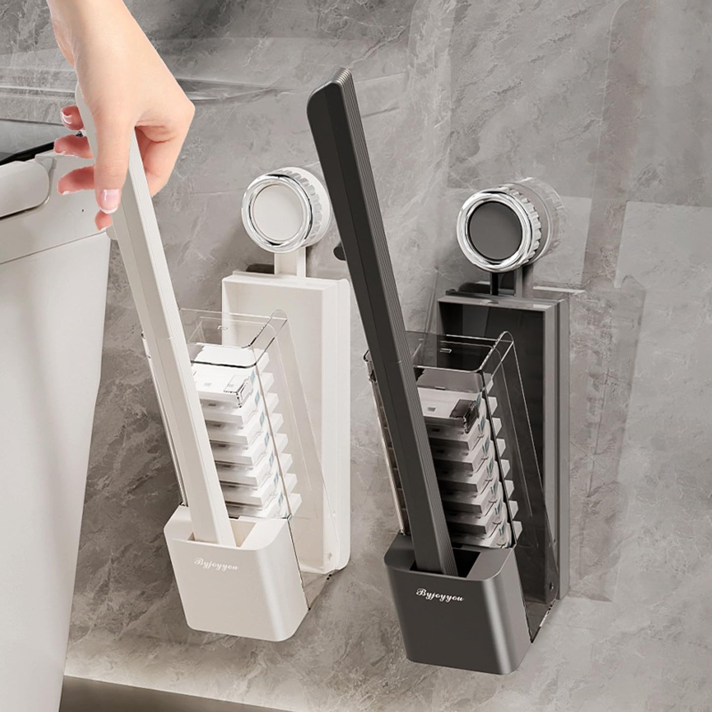 Disposable Toilet Brush with Replaceable Heads, Wall-Mounted Holder, Hygienic Bathroom Cleaning Tool (WhiteToilet Brush + 8 Refills)