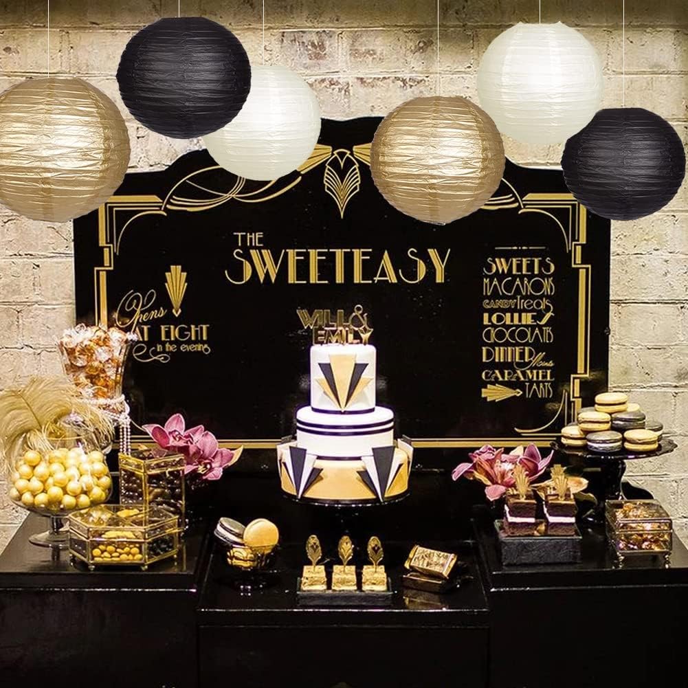 Paper Lanterns Decorative, Black Gold Hanging Round Chinese Lanterns with Lights for Graduation Anniversary Birthday Party 12 LED Light Pack of 12